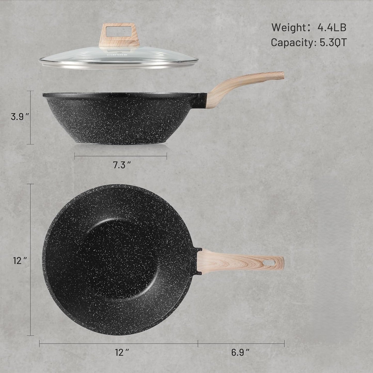 CAROTE Non Stick Wok with Lid 12''/5.3QT Woks & Stir-fry Pans Nonstick Granite Wok Pan Induction Cookware Deep Frying Pan, Compatible with All Stovetops