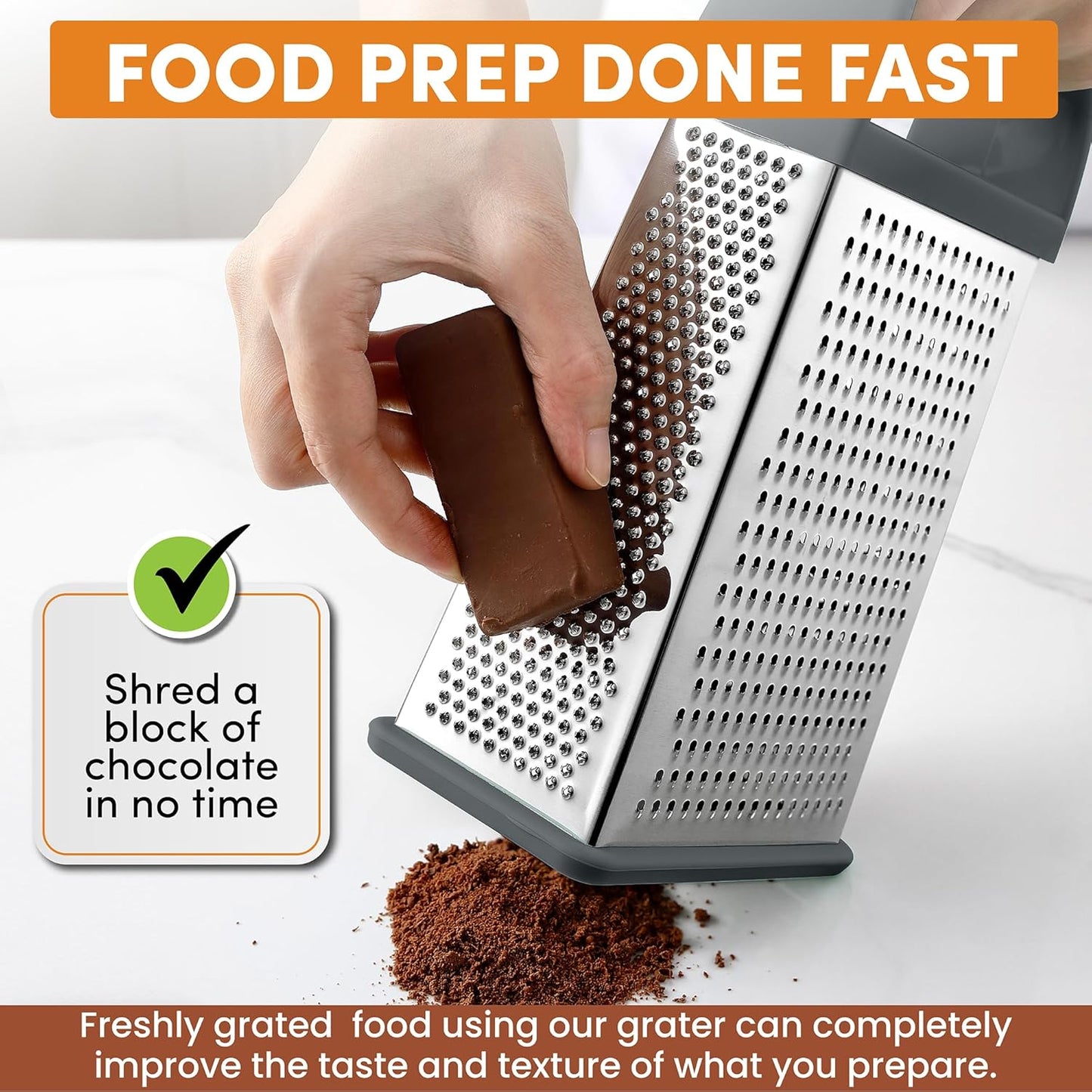 Spring Chef Professional Gray 10" Stainless Steel Parmesan Cheese Grater with Handle, 4 Sided Handheld Box Grater, Kitchen Carrot Shredder for Potato, Cheese, Ginger, Vegetables, Hashbrown