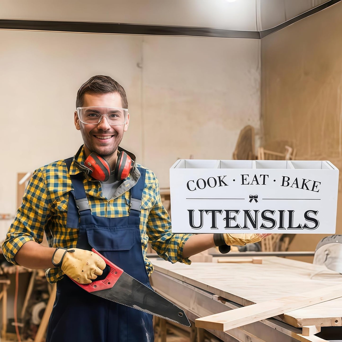 Utensil Holder,Extra Large Wooden Utensil Holder For Kitchen Counter,Cooking Spatula Organizer,Big Storage Caddy With 4 Compartments Flatware Spoon Tool Cutlery（White）