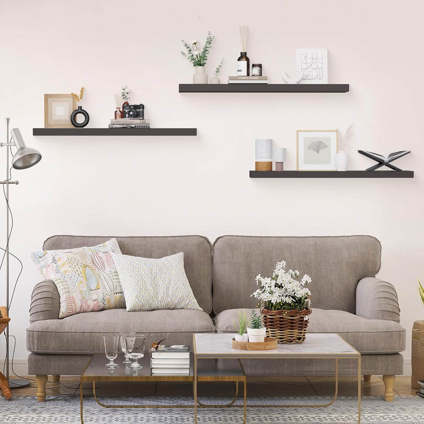 Colima Floating Shelves for Wall Black Wood Shelf for Bedroom, 36 Inch Wall Mounted Floating Shelves for Bathroom Living Room Kitchen Office, 1.3" Thick Floating Book Shelves for Wall, Set of 3