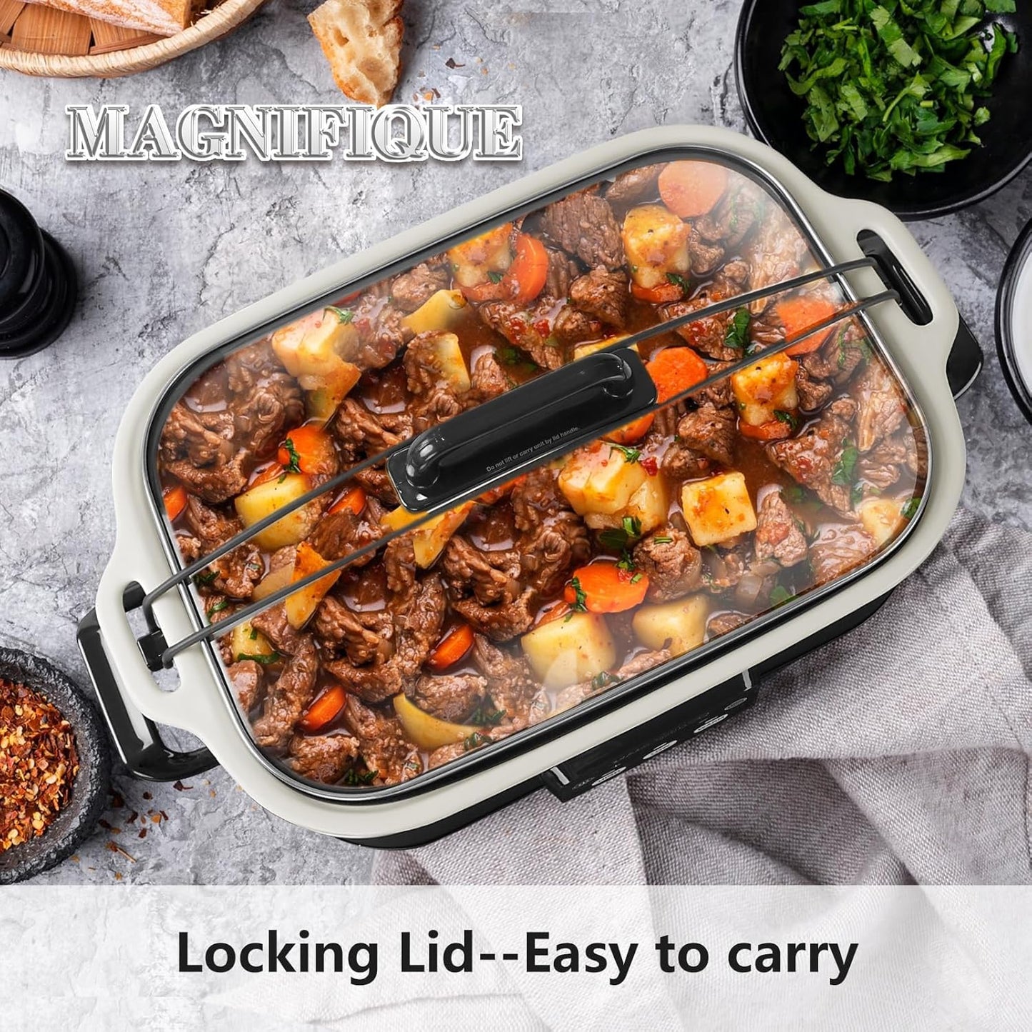 MAGNIFIQUE Small 4 Quart Casserole Programmable Slow Cooker with Ceramic Baking Dish - Perfect Kitchen Small Appliance for Family Dinners, Oven Safe and Durable Bakeware for Lasagna, Roasts