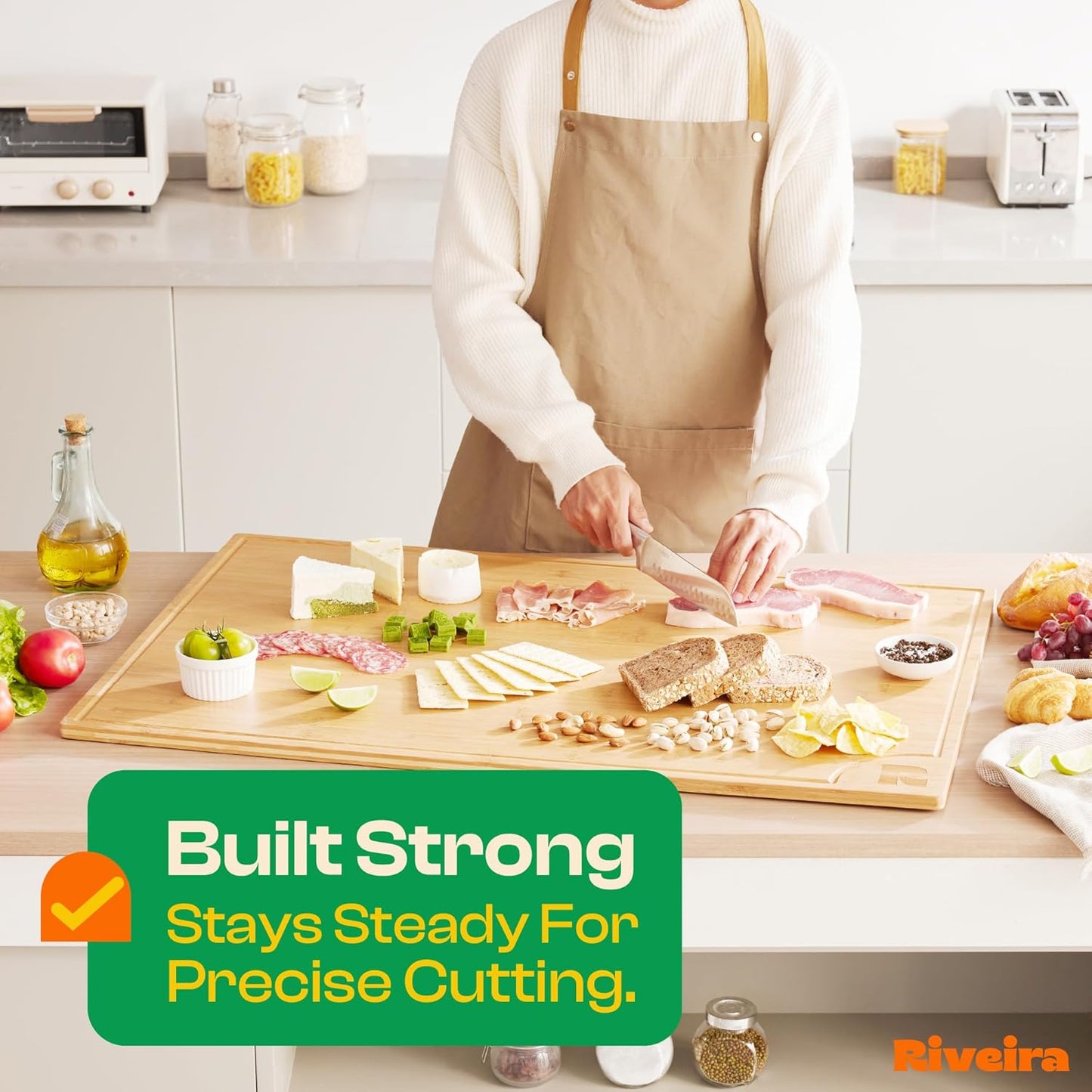 Riveira Brown Bamboo Wood Cutting Board – Gourmet Bamboo Grandeur: 36 x 24 Wooden Cutting Board – Wooden Cutting Boards For Kitchen Decorative – Innovative Juice Grooves Wooden Chopping Board