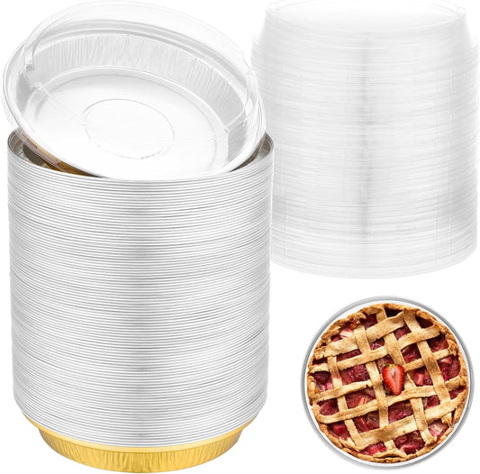 EUSOAR Mini Cake Pans with Lids, 100pcs 10oz/275ml Gold Baking Cups Cupcake Liners, Round Aluminum Cheesecake Container Cheesecakes Muffins Liners Pie Wrappers for Bakery Wedding Birthday Party