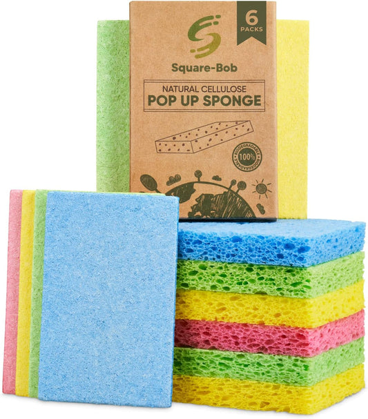 6 PCs Compressed Non-Scratch Kitchen Sponges - Highly Absorbent for Dishes, Countertop, Sink, Car - Biodegradable, Quick Drying Cellulose Sponges - Assorted Colors