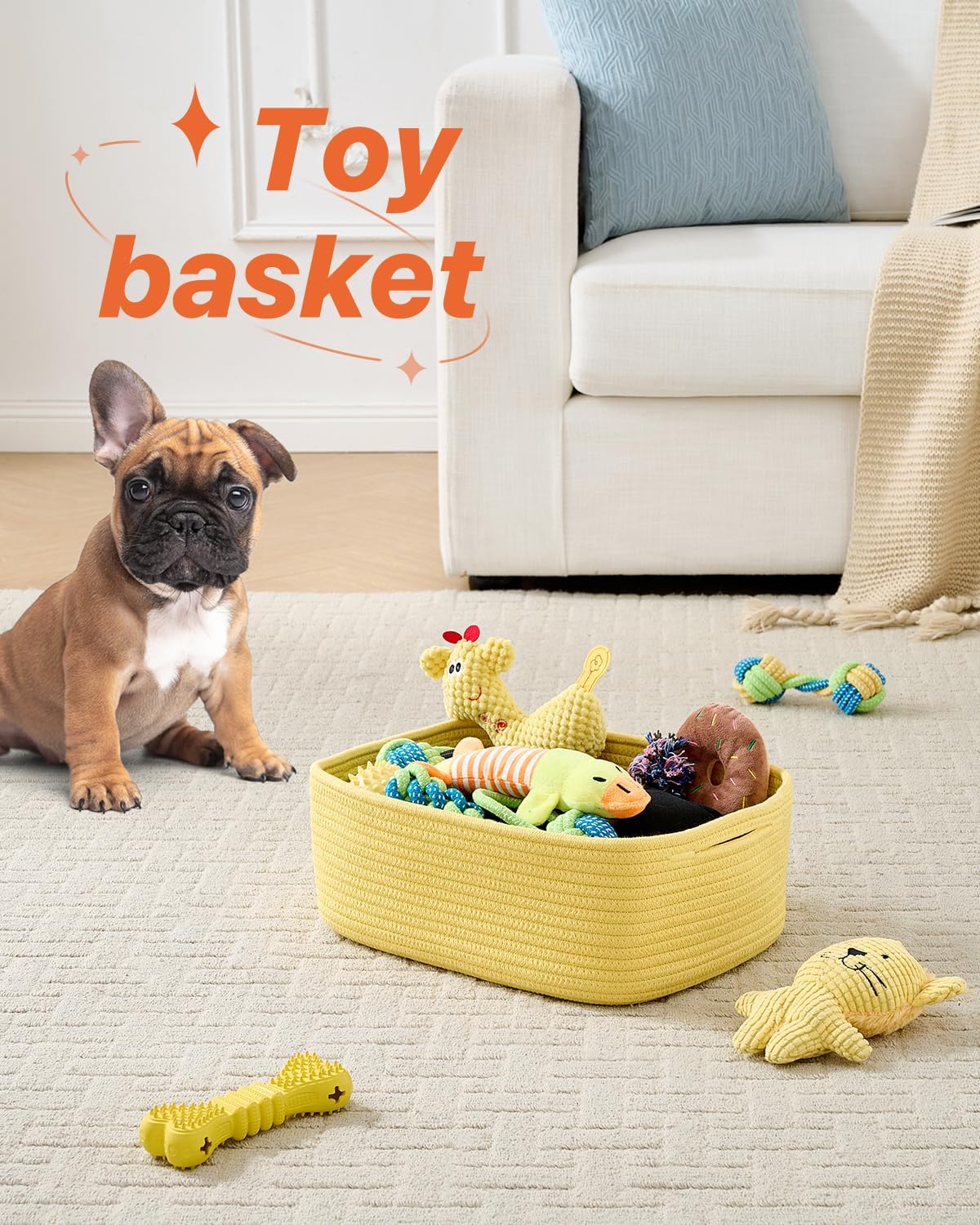 Small Woven Basket, 13.5 x 9.5 x 5 Inches, Storage Basket for Organizing, Cute Small Rope Shelf Closet Cube Storage Bins Baskets for Shelves, Dog Toy Gift Baskets Empty, 3 Pack Yellow