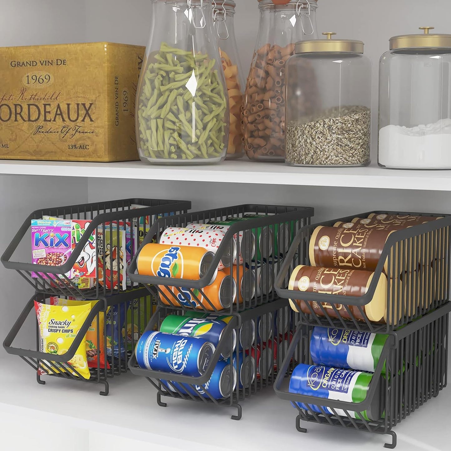 GILLAS 6 Pack Stackable Soda Can Organizer for Refrigerator, Can Holder Dispenser, Canned Food Storage Rack for Fridge, Kitchen, Countertops, Cabinets, Black