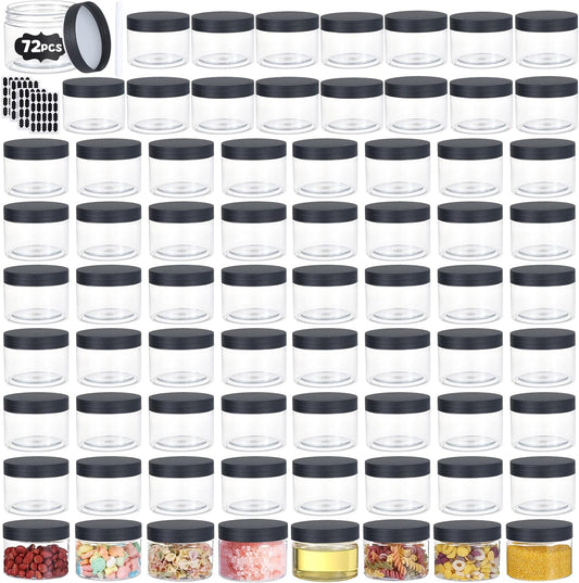 72pcs 4 oz Plastic Containers with Lids Labels Leak Proof BPA Free Airtight Refillable Clear Small Containers Storage Jars for Storing Dry Food Slime Honey Jam,black