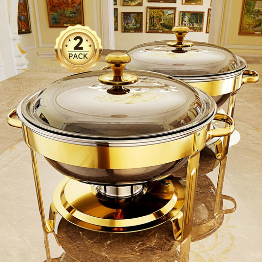 Chafing Dishes for Buffet, 4 Pack 5QT Round Stainless Steel Chafing Dish Set for Home Parties, Christmas Gatherings, Catering Events Complete Buffet Warmer Set (Golden 2)