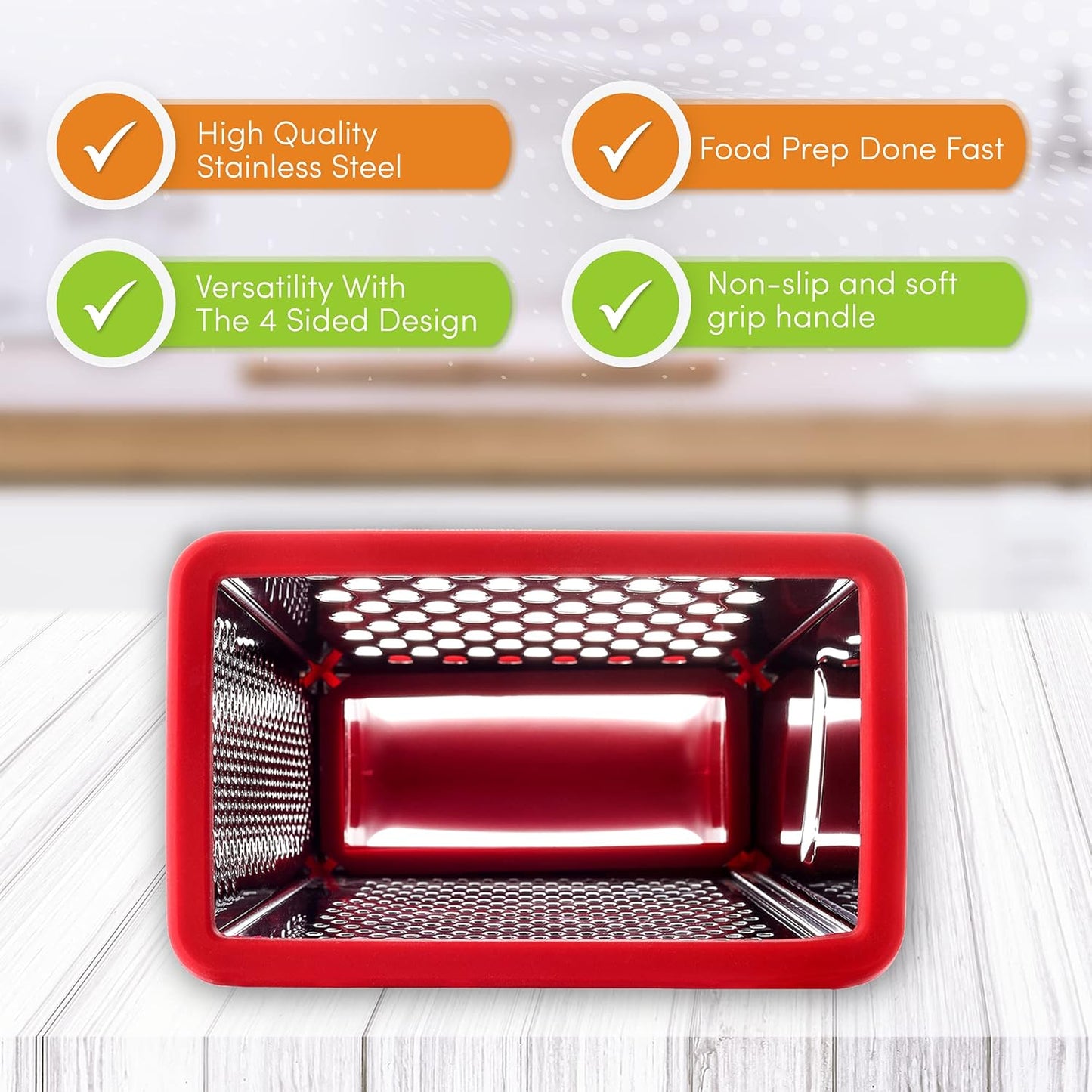 Spring Chef Professional Red 10" Parmesan Cheese Grater With Container, Stainless Steel & Soft Grip Handle, 4 Sided Kitchen Carrot Shredder, Handheld Box Grater for Potato, Veggie, Ginger, Hashbrown