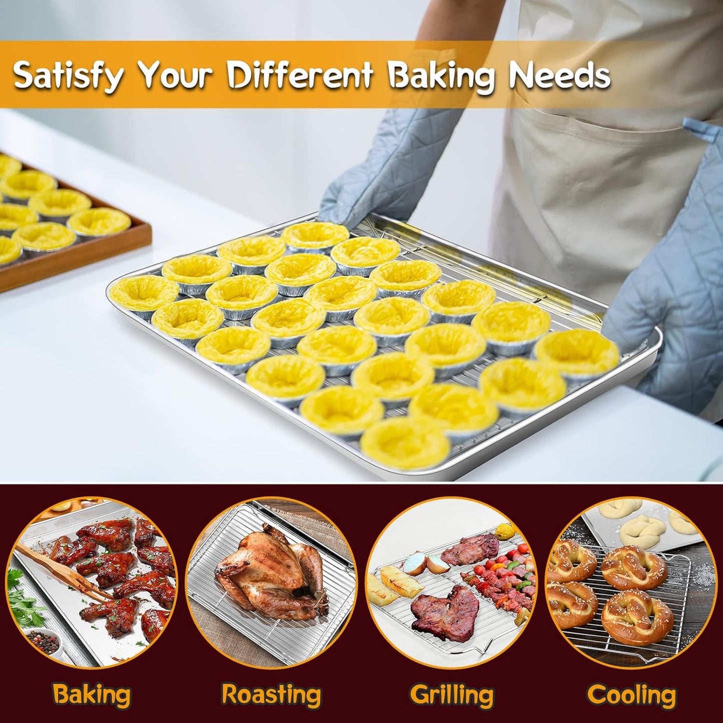 P&P CHEF 17.5 Inch Stainless Steel Baking Sheet with Rack Set (2 Pans+ 2 Racks), Cookie Sheets Baking Trays and Cooling Wire Racks, Oven & Dishwasher Safe, Pans with Flat Racks