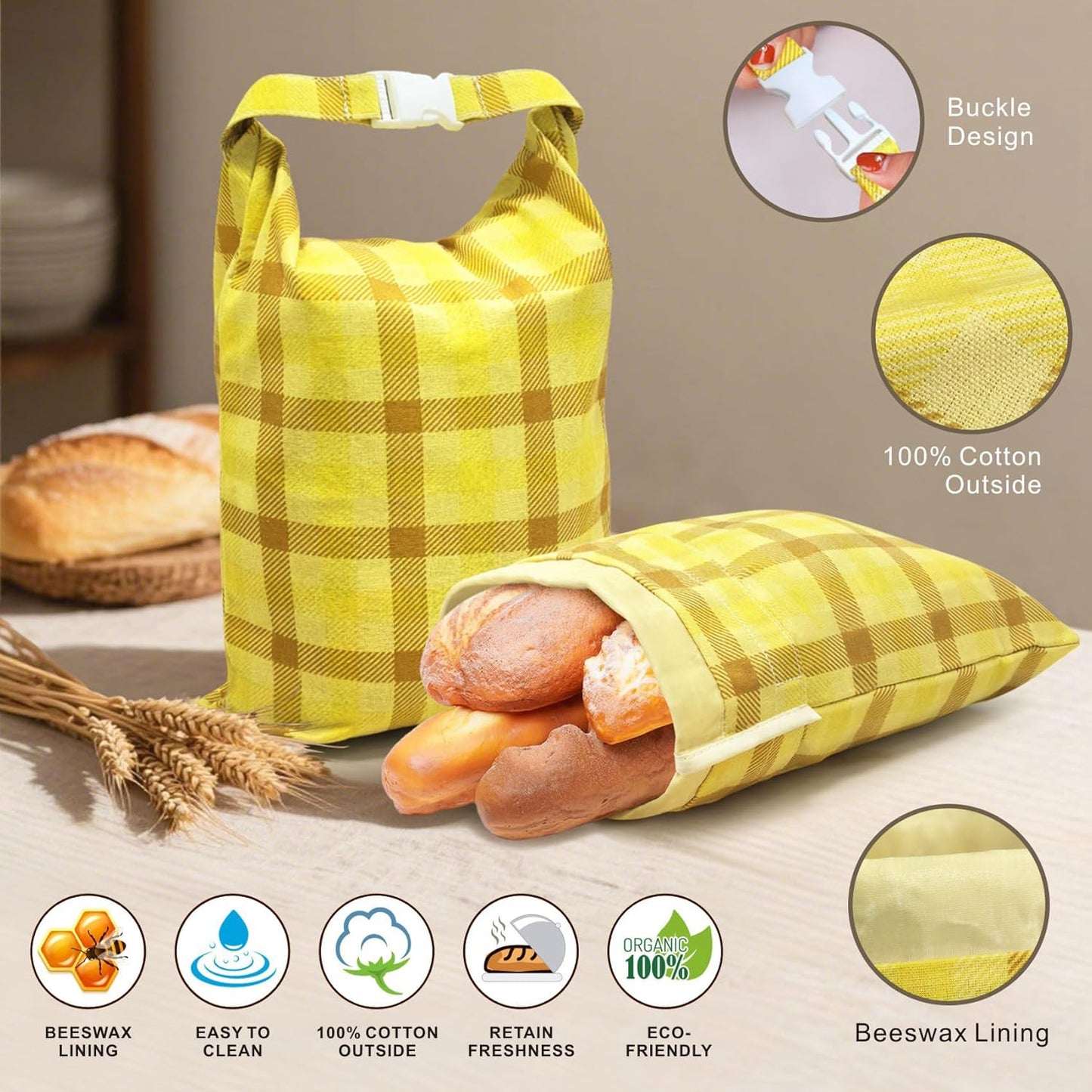 Mosucoirl Beeswax Bread Bags 2 Pack, Reusable Bread Storage Boxes for Homemade Sourdough, Cotton Food Bags Loaf Containers to Keep Fresh Large (Yellow)