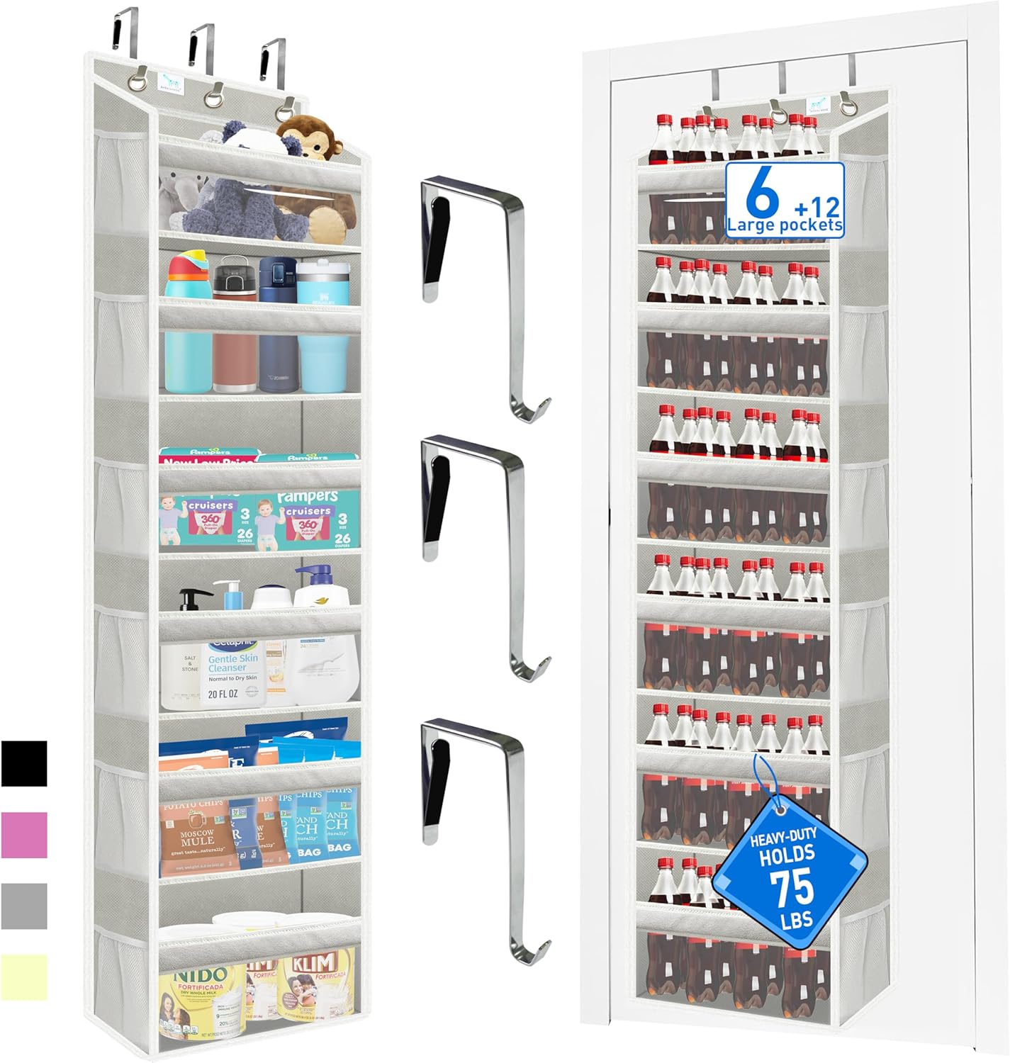 over the door organizer, Solid Bamboo Board (Not Plastic!) 6-Tier Heavy Duty 75LB, 12 Side Pockets, 3 Reinforced Hooks & Anti-Slip Pads, Waterproof & Washable, No Sagging, No Door Damage,Grey