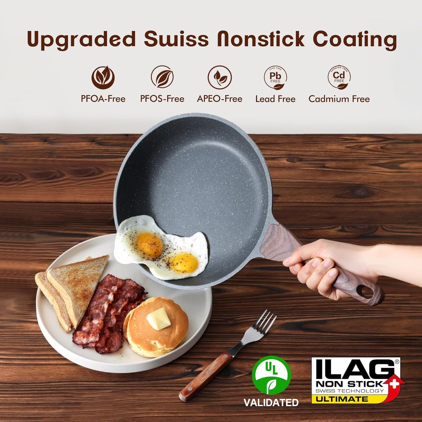 SENSARTE Nonstick Frying Pan Skillet, Swiss Granite Coating Omelette Pan, Healthy Stone Cookware Chef's Pan, PFOA Free (8/9.5/10/11/12.5 Inch) (8 Inch)