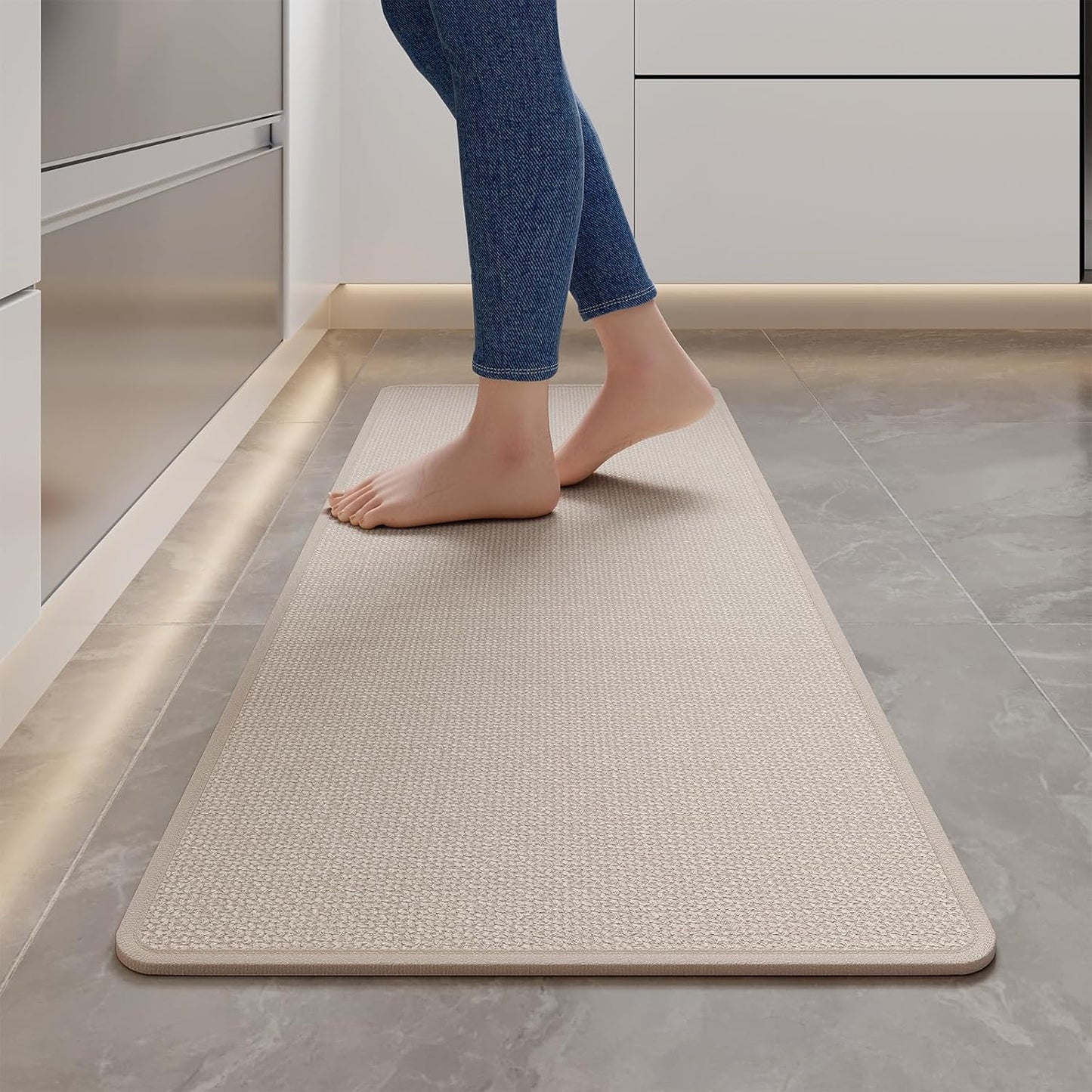 Kitchen Mats for Floor, Super Absorbent Kitchen Rugs Non Slip Washable, Soft Imitation Linen Braided Kitchen Runner Rug, Standing Mat Kitchens Sink Mat, Easy to Clean, Beige 17x47