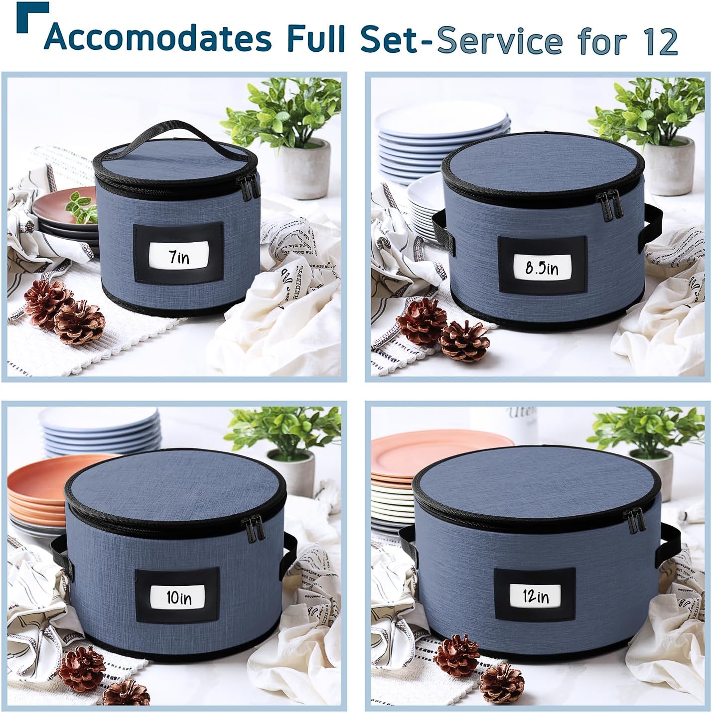 Fine China Storage Containers, 5 Piece Quilted Dish Storage Containers, Mug, Cup, and Plate Dish Organizer with Felt Dividers, Service of 12 Dinnerware Boxes for Moving, Seasonal Organization, Blue