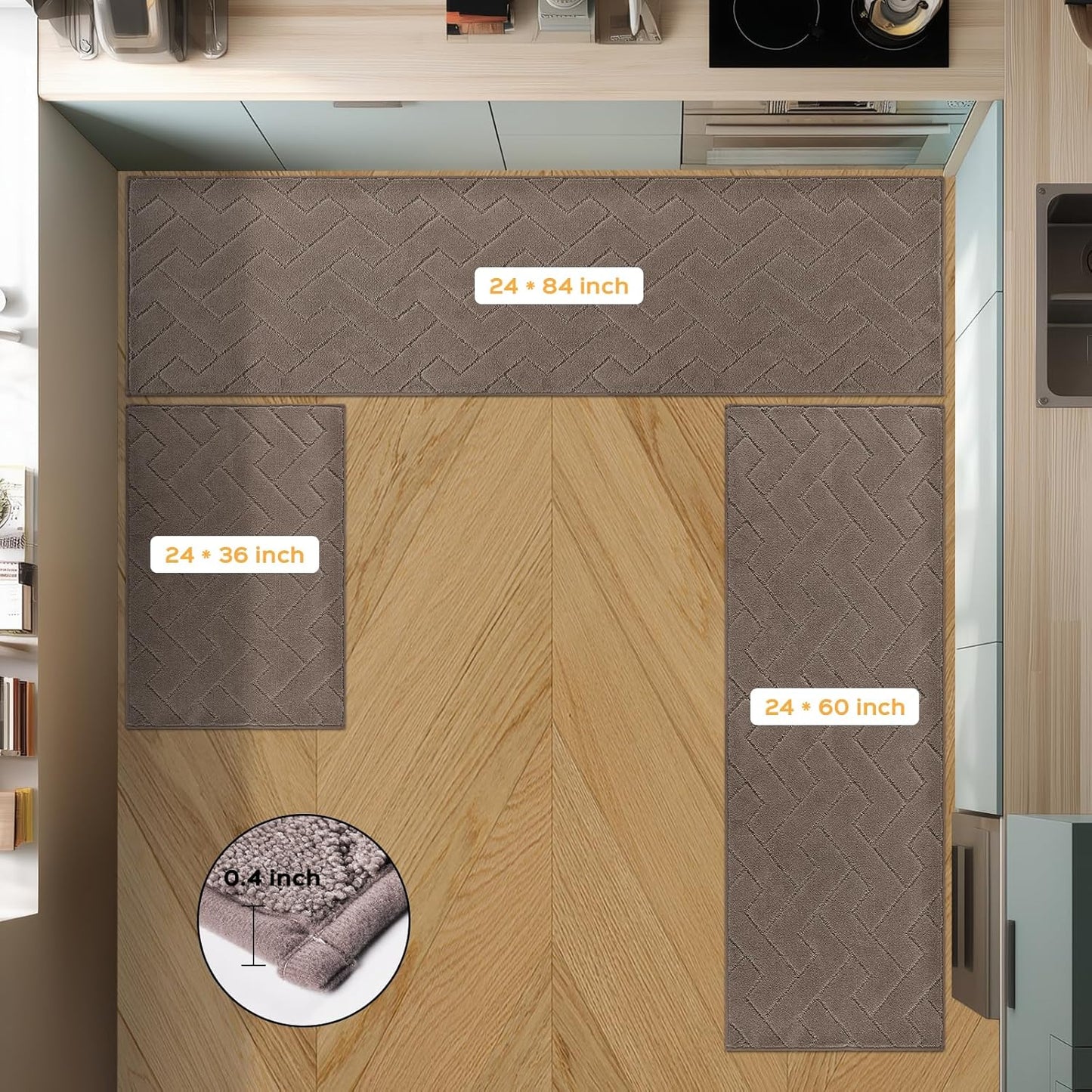 Machine Washable Kitchen Rugs Set (24" x 36"+24" x 60"), Non-Slip Kitchen Runner Rugs Mats for Floor, Absorbent Comfort Standing Mats for Kitchen, Sink and Hallway, Rolled Packaging, Grayish Brown