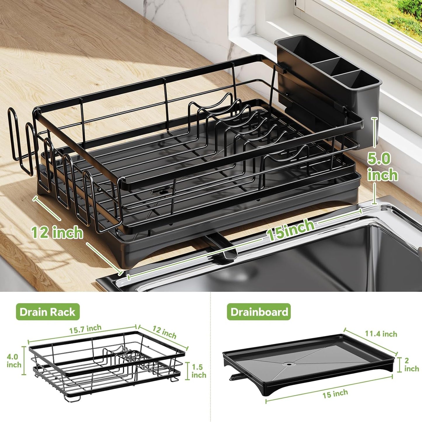 Dish Rack, Dish Drainers Organizer for Kitchen Counter, Dish Drying Rack with Drainboard and Utensil Holder, Large, 12" D x 15" W x 5" H, Black