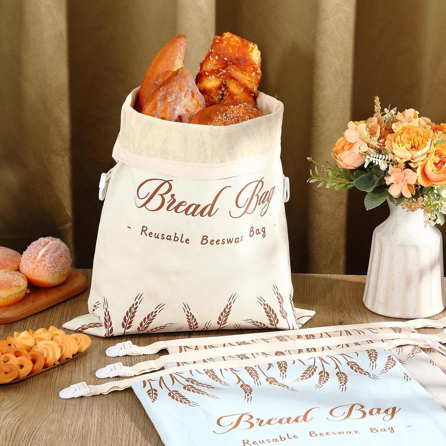 4 Pcs Beeswax Bread Bags for Sourdough Reusable Cotton Bread Storage Bags 13” x 17” Large Container Accessories for Homemade Loaf Keep Fresh Food Storage Gifts