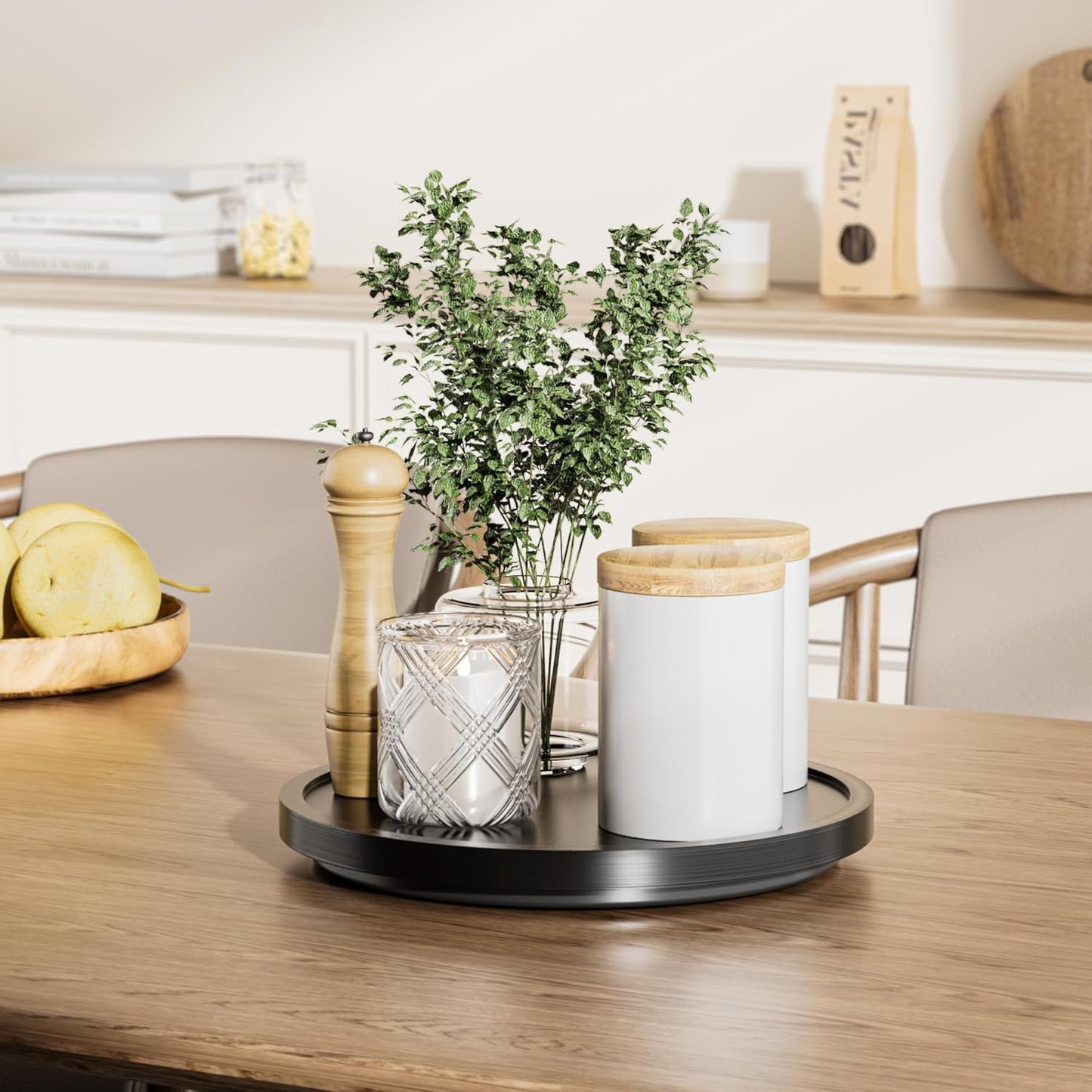 LAMU 9'' Wood Lazy Susan Organizer Turntable for Cabinet, Lazy Susan for Table Top, Pantry, Kitchen, Bathroom, Countertop, Rotating Spice Organizer, Vanity Decor Tray, Pine Wood, Black