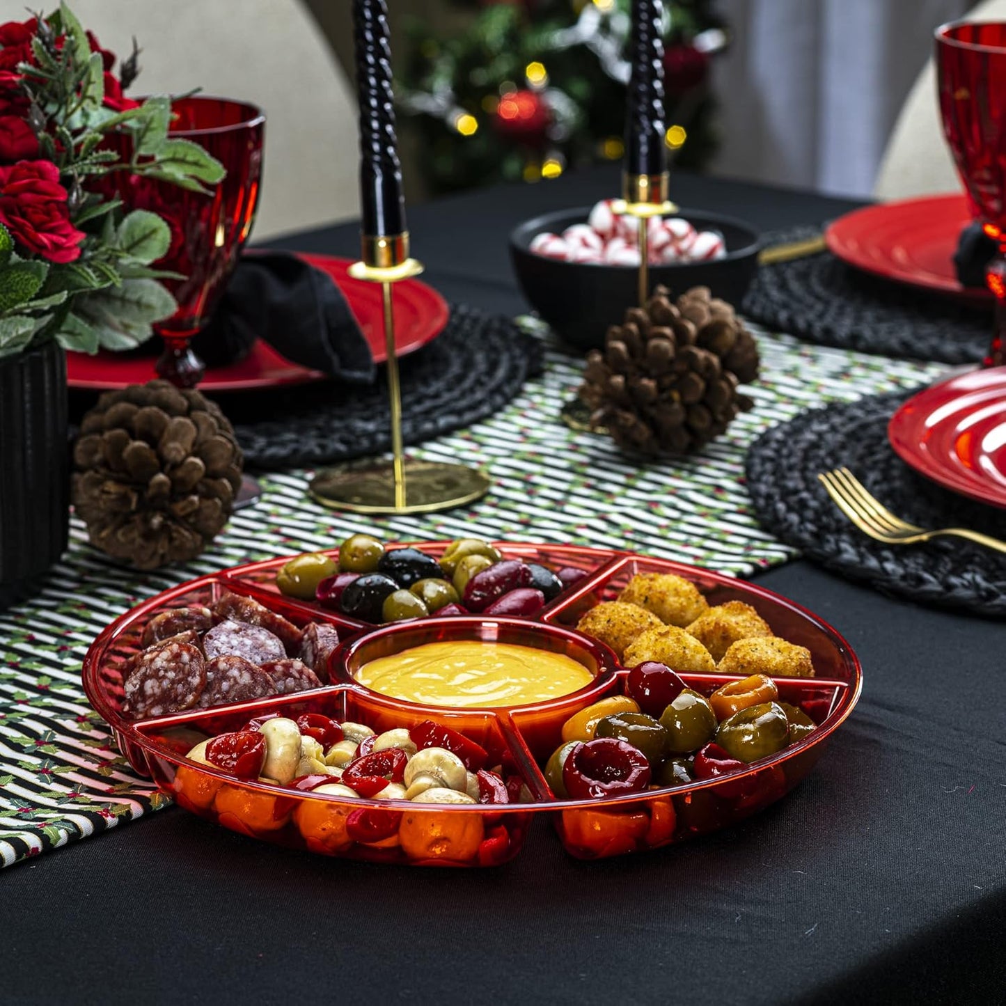 Plasticpro 6 Sectional Round Plastic Serving Tray/Platter (8, Red)