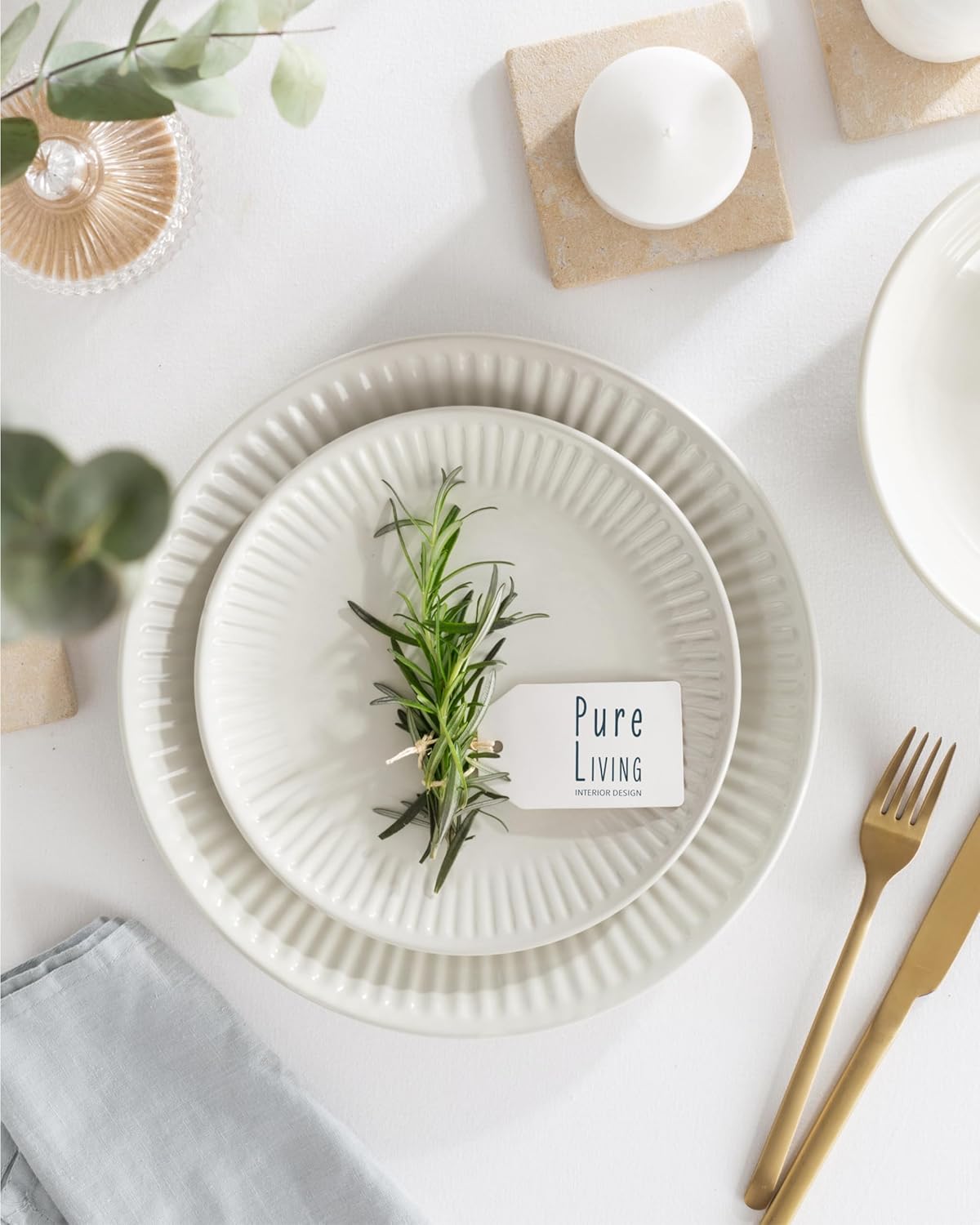 Stoneware Dinnerware Set for 8 People HYGGE 24-Piece - Elegant Scandi Design - Premium Dish Set - Bowl and Plate Set - Tableware for 8 People in a Ribbed Design - Pure Living in Beige