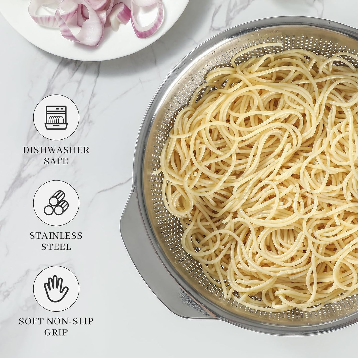 18/8 Stainless Steel Microwell Colander, 2.5QT Large Capacity with Handle Kitchen Food Strainer Basket for Washing Vegetables, Fruits, Rice, and Pasta (primary colour, 2.5QT)