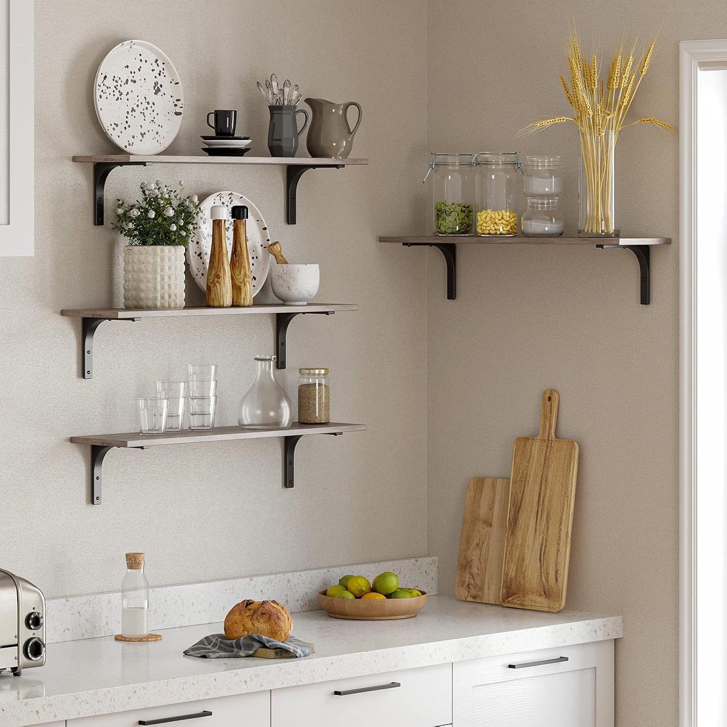 DINZI LVJ Long Wall Shelves, 31.5 Inch Wall Mounted Shelves Set of 2, Easy-to-Install, Wall Storage Ledges with Sturdy Metal Brackets for Living Room, Bathroom, Bedroom, Kitchen, Greige