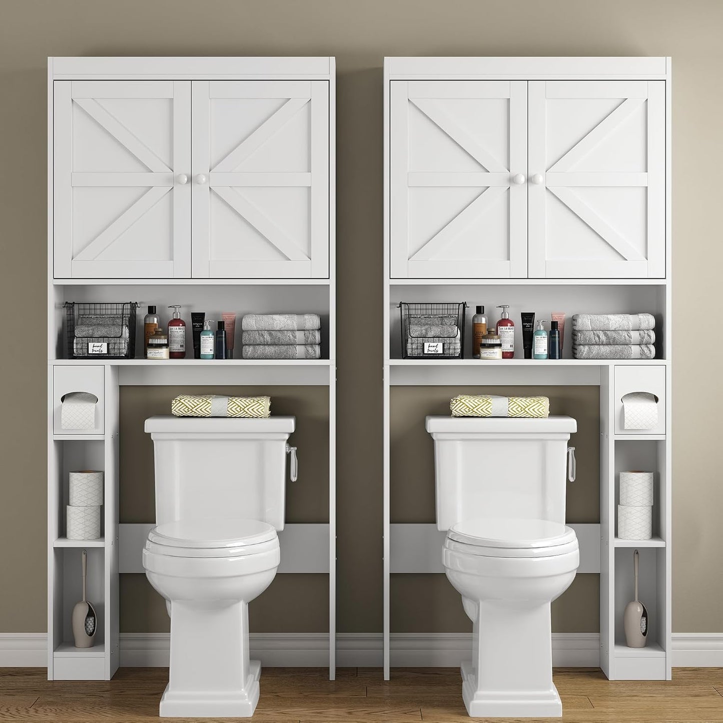 Furnideco Over The Toilet Storage Cabinet with Barn Doors, 32.3''W Free Standing Toilet Storage Shelf Space Saver with Adjustable Bottom Bar, White