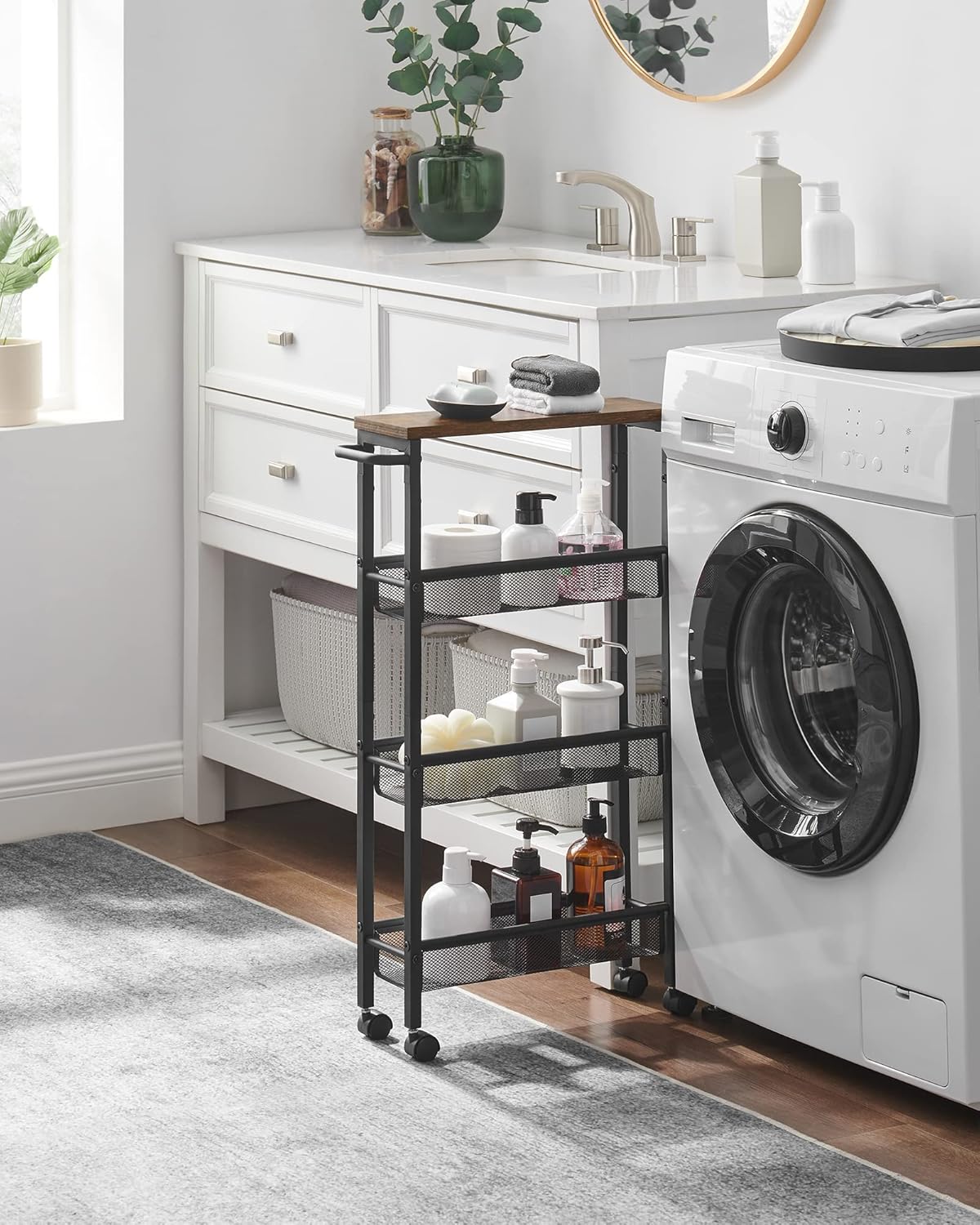 VASAGLE Slim Rolling Cart, 4-Tier Narrow Storage Cart with Handle, 5.1 Inches Deep, Metal Frame, for Kitchen, Dining Room, Living Room, Home Office, Rustic Brown and Classic Black ULRC032B01V1