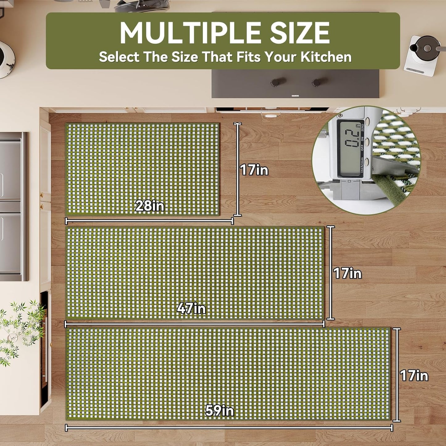 Kitchen Mats for Floor, Super Absorbent Kitchen Rugs Non Slip Washable, Rubber Backing Soft Chenille Braided Kitchen Runner Rug Standing Mat Sink Mat, Easy to Clean, Green 17"x28"