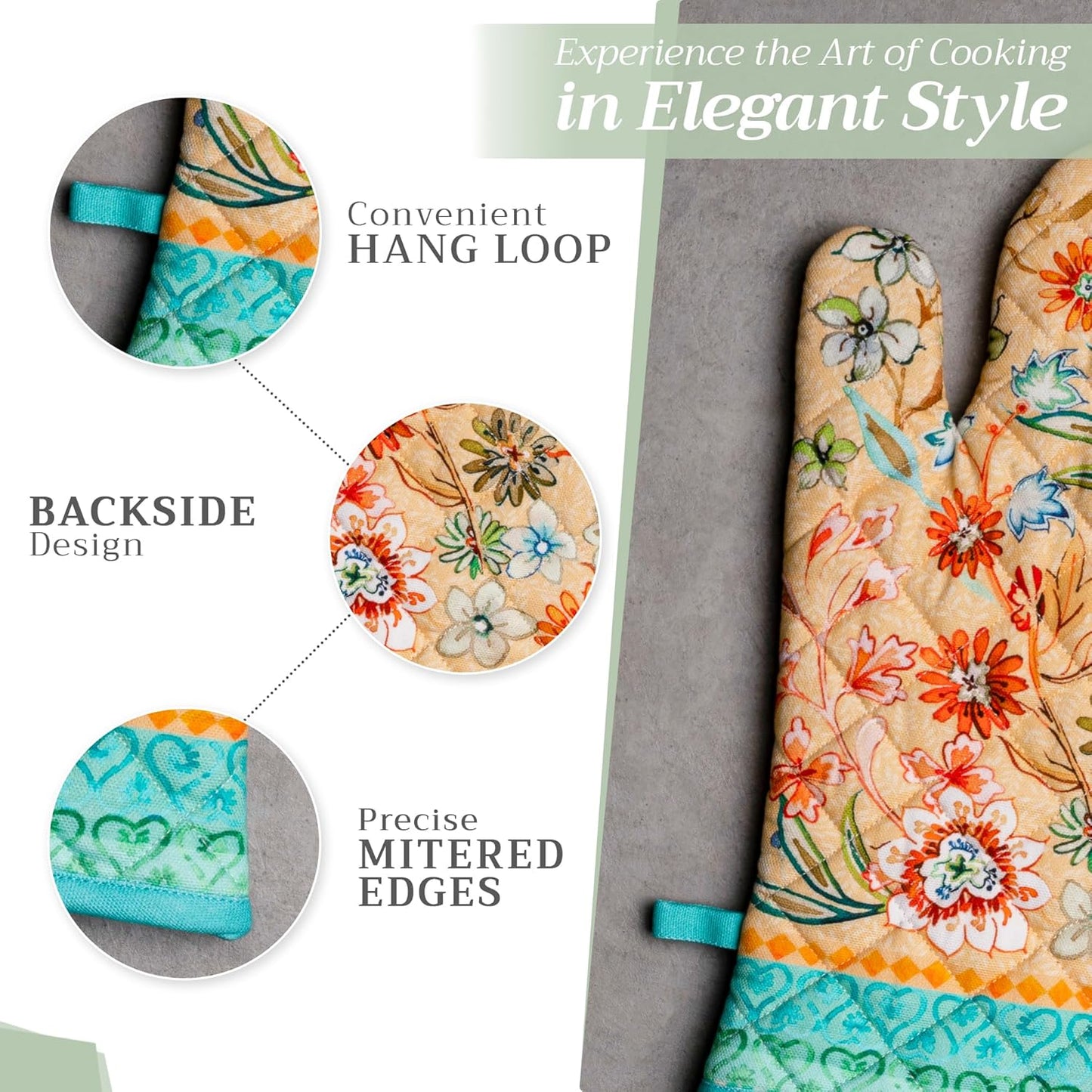 Maison d' Hermine 100% Cotton Oven Mitt & Pot Holder Set (7.5"x13" & 8"x8") Heat Resistant BBQ Cooking Gloves with Loop, Baking, Grilling, Kitchen, Handling Hot Pan Spring/Summer (Luxury Loft – Peach)