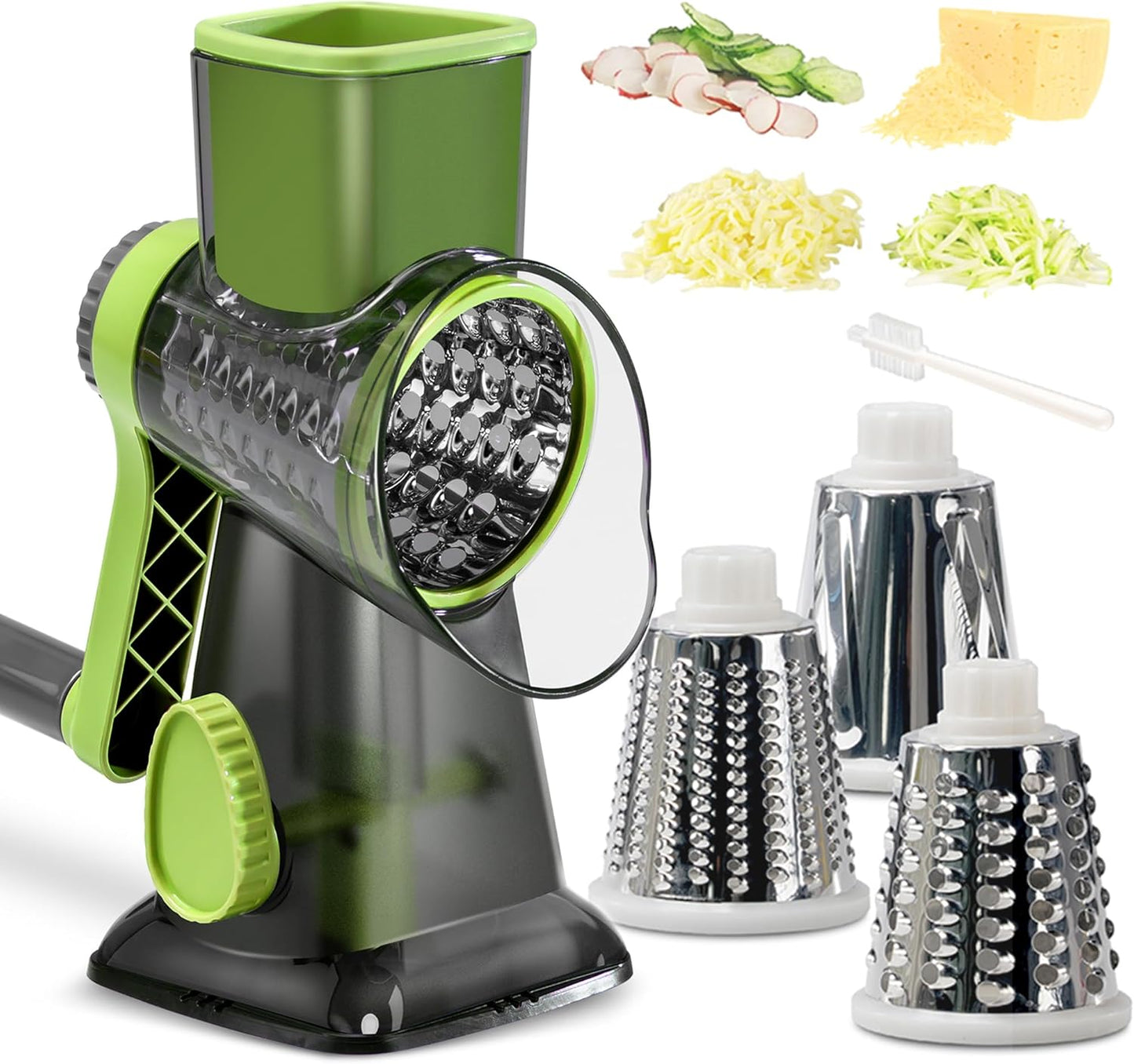 Cheese Grater Hand Crank Rotary Vegetables Shredder with Handle, 3-in-1 Graters with Interchangeable Blades and Strong Suction Base Multifunctional Slicer for Kitchen,green