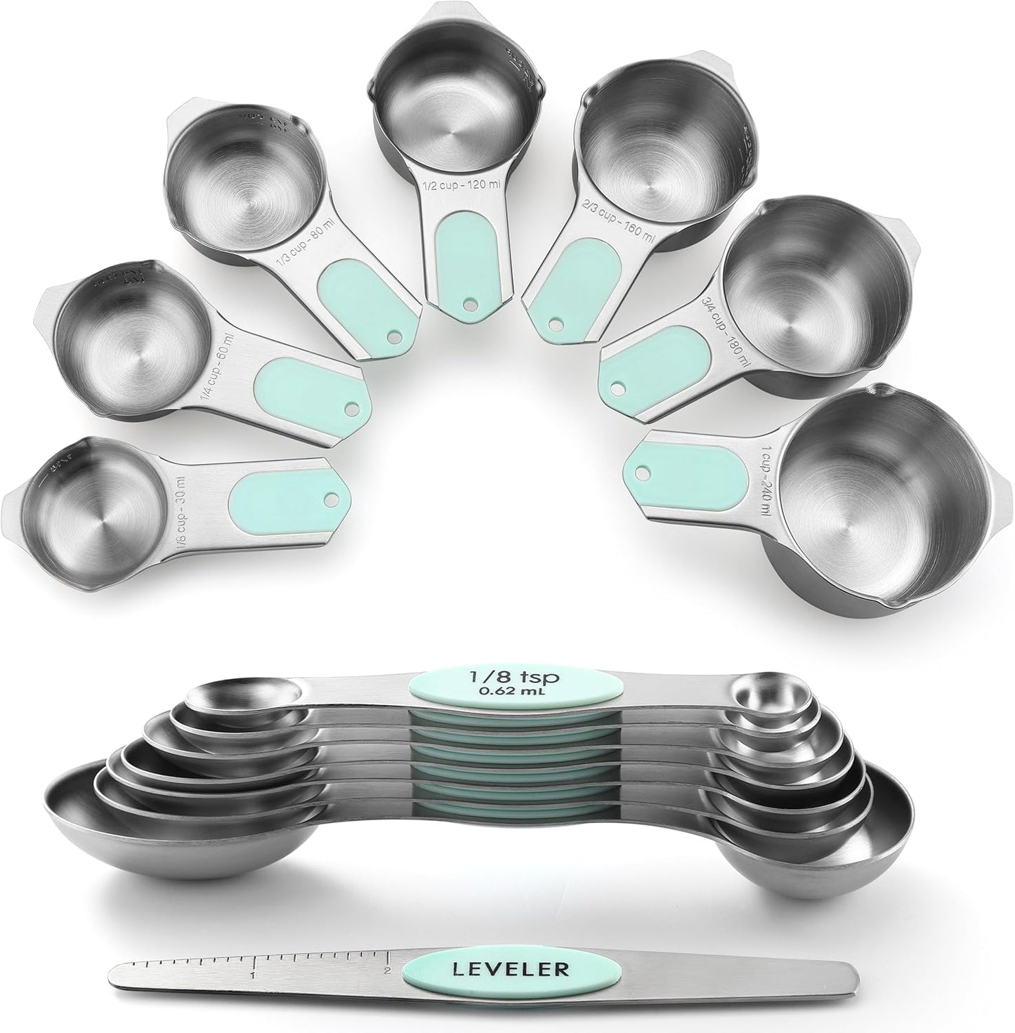 Spring Chef Magnetic Measuring Cups & Spoons Set (Patent Pending), Strong N45 Magnets, Heavy Duty Stainless Steel Fits in Spice Jars for Baking & Cooking, BPA Free, Round Set of 15 with Leveler, Mint