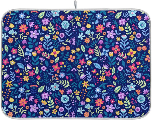 Cute Floral Flowers Dish Drying Mat for Kitchen Counter Absorbent Microfiber Drying Pad, Large 18x24 in, Reversible Drainer Mats