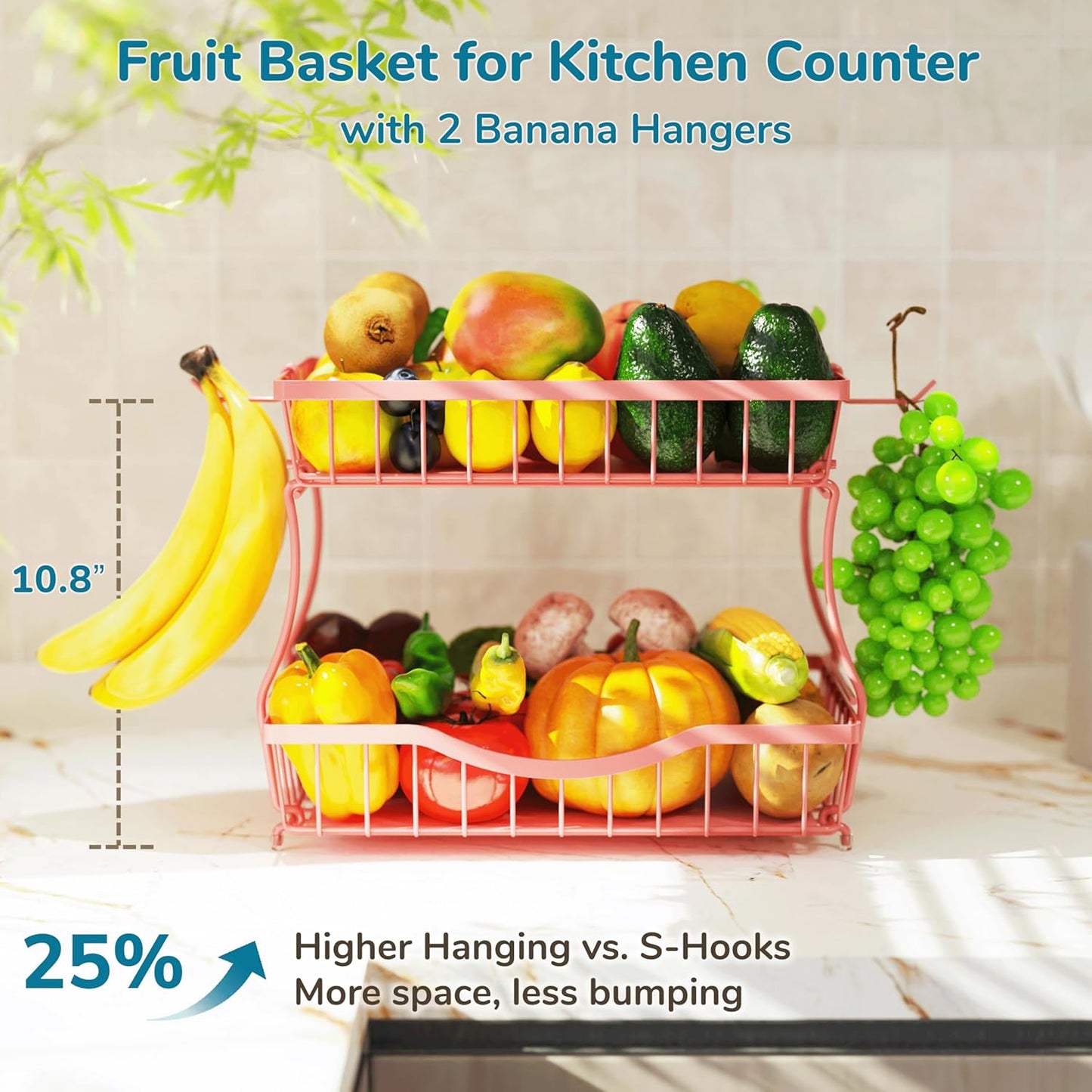 Large 2-Tier Fruit Basket for Kitchen Counter with 2 Banana Hangers – Metal Fruit Bowl for Onion, Vegetable, Snacks, Breads Storage – Countertop Organizer – Pink