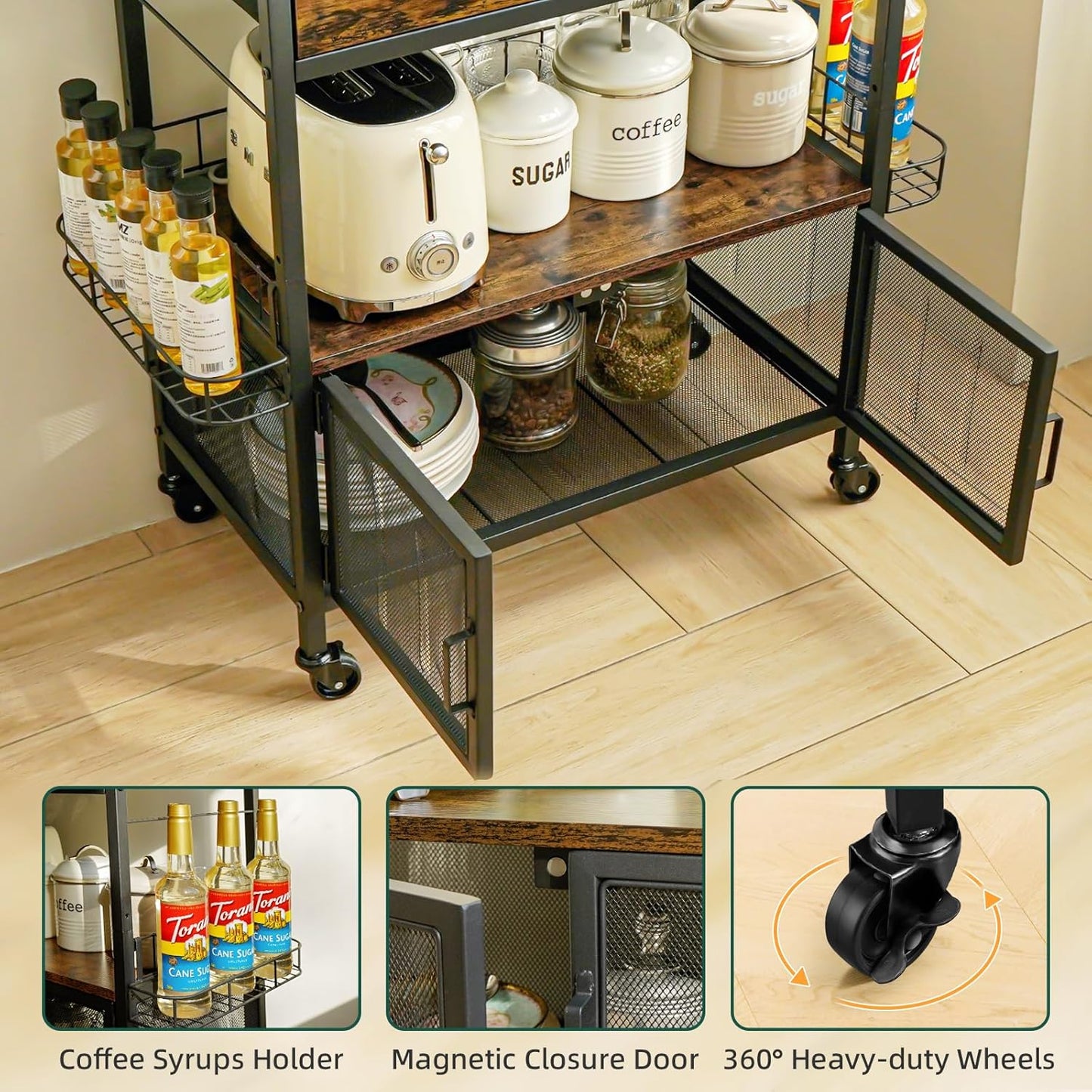 Coffee Bar Cart with Wheels, Coffee Bar Table, Kitchen Coffee Bar Cabinet with Storage, Rustic Coffee Bar, Rolling Coffee Cart, Coffee Nook, Corner Coffee Bar Station with Drawer, Bakers Rack