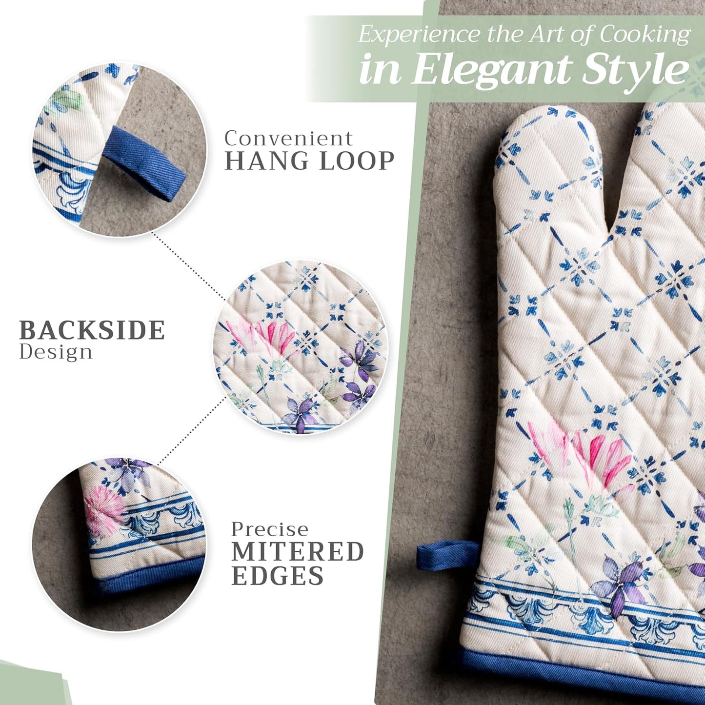 Maison d' Hermine 100% Cotton Oven Mitt & Pot Holder Set (7.5"x13" & 8"x8") Heat Resistant BBQ Cooking Gloves with Loop, Baking, Grilling, Kitchen, Handling Hot Pans Spring/Summer (Faience)