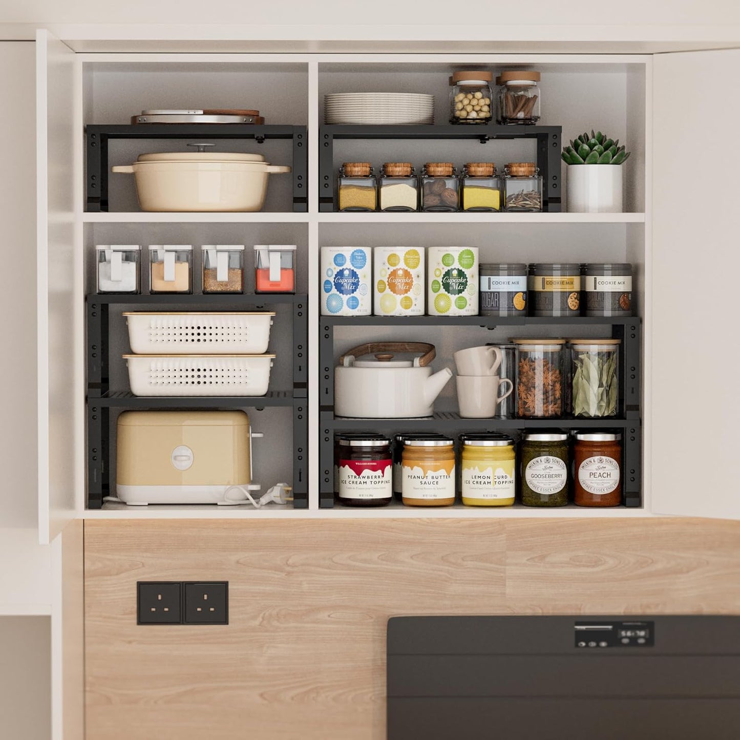 Heavy-Duty Adjustable Metal Shelf Organizer - Expandable & Stackable Pantry Storage Rack for Kitchen, Bathroom, RV, Cabinets(3 Packs/Black, Large)