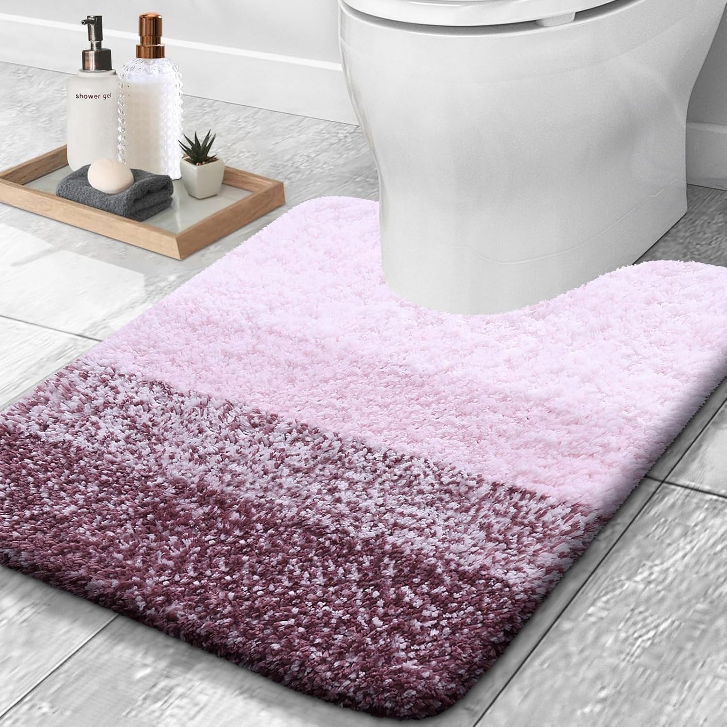 OLANLY Luxury Toilet Rugs U-Shaped 24x20, Extra Soft and Absorbent Microfiber Bathroom Rugs, Non-Slip Plush Shaggy Bath Mat, Machine Wash Dry, Contour Bathroom Mats for Toilet Base, Mauve