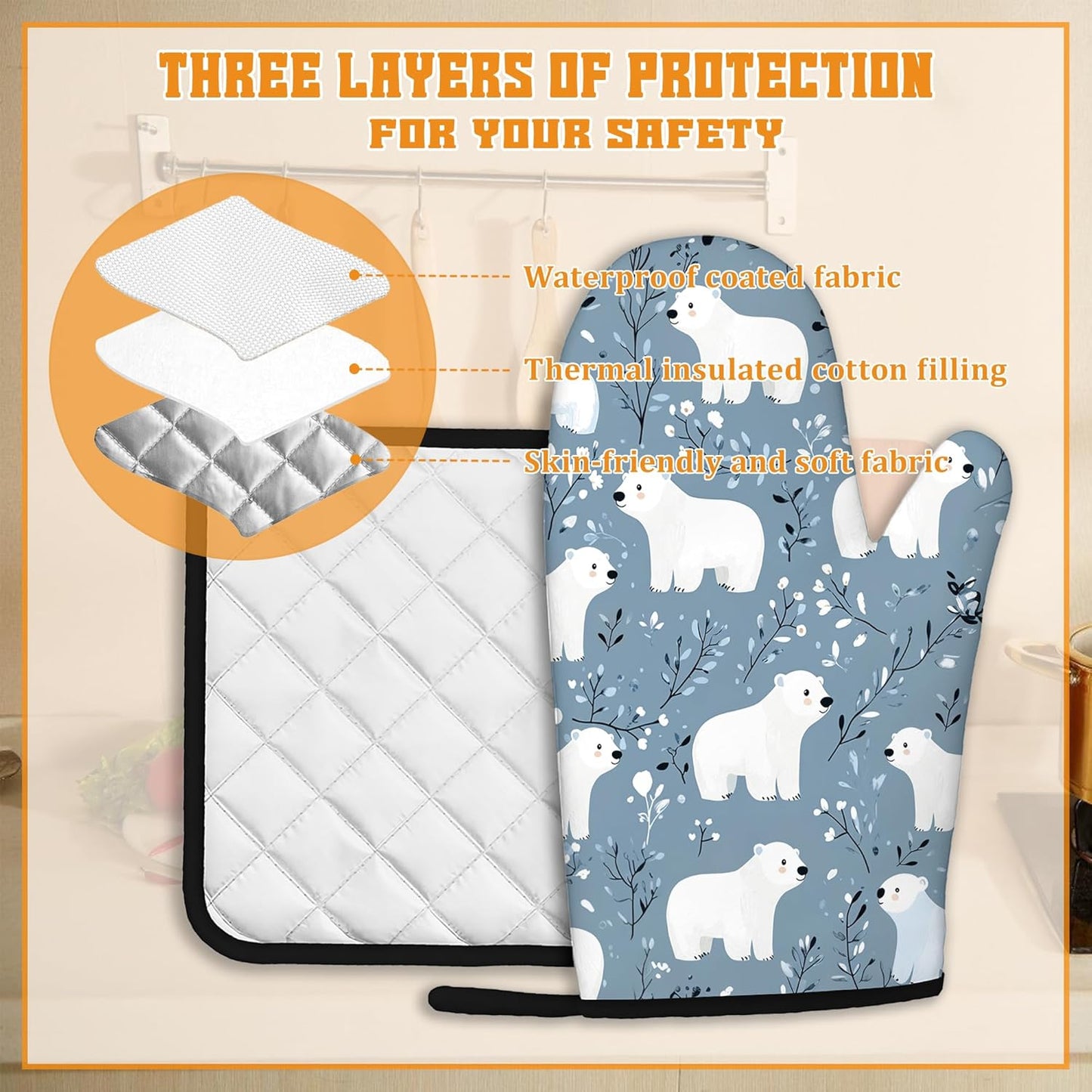 Cute Polar Bear Oven Mitts and Pot Holders,Winter Heat Resistant Oven Mitts Gloves and Pot Holder for Home Kitchen Decorations Cooking Baking BBQ Gifts,Set of 4