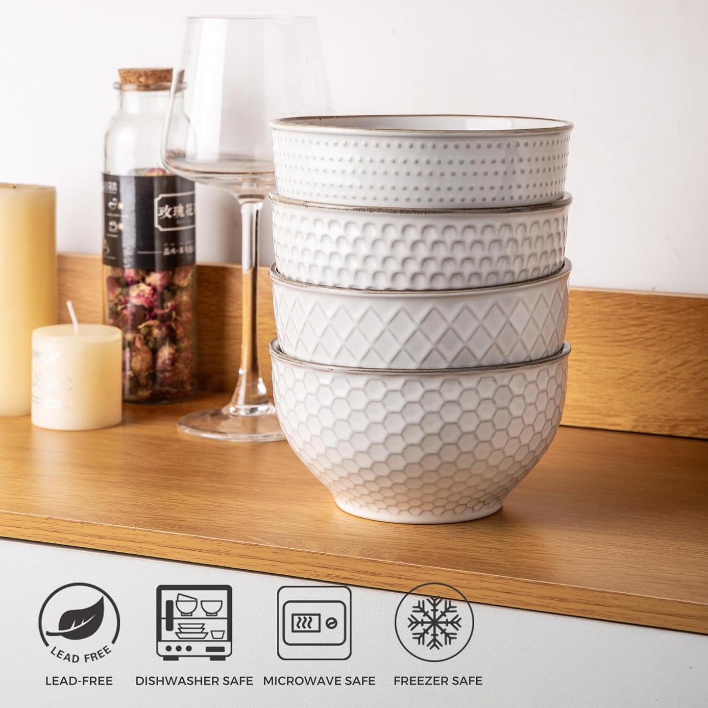 GBHOME Stoneware Cereal Bowls Set of 4, 24 oz Ceramic Soup Bowls with Texture Patterns for Soup,Oatmeal, Snacks, Perfect Bowls for Wedding, House-warming Gift-Off White