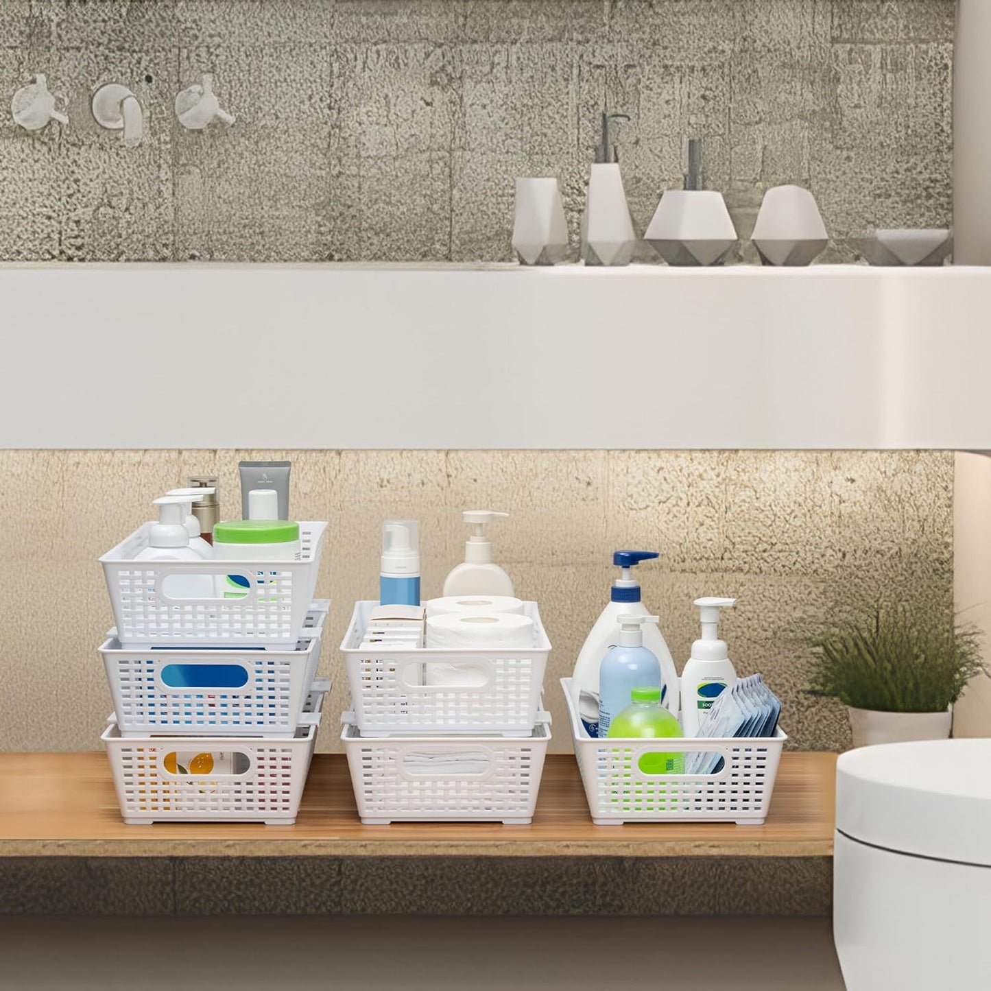 Stackable Woven Plastic Basket, Storage Bins for Cabinet, Closet, Shelf, Under Sink and Countertop, Pantry Organizer Bins, 6 Pack