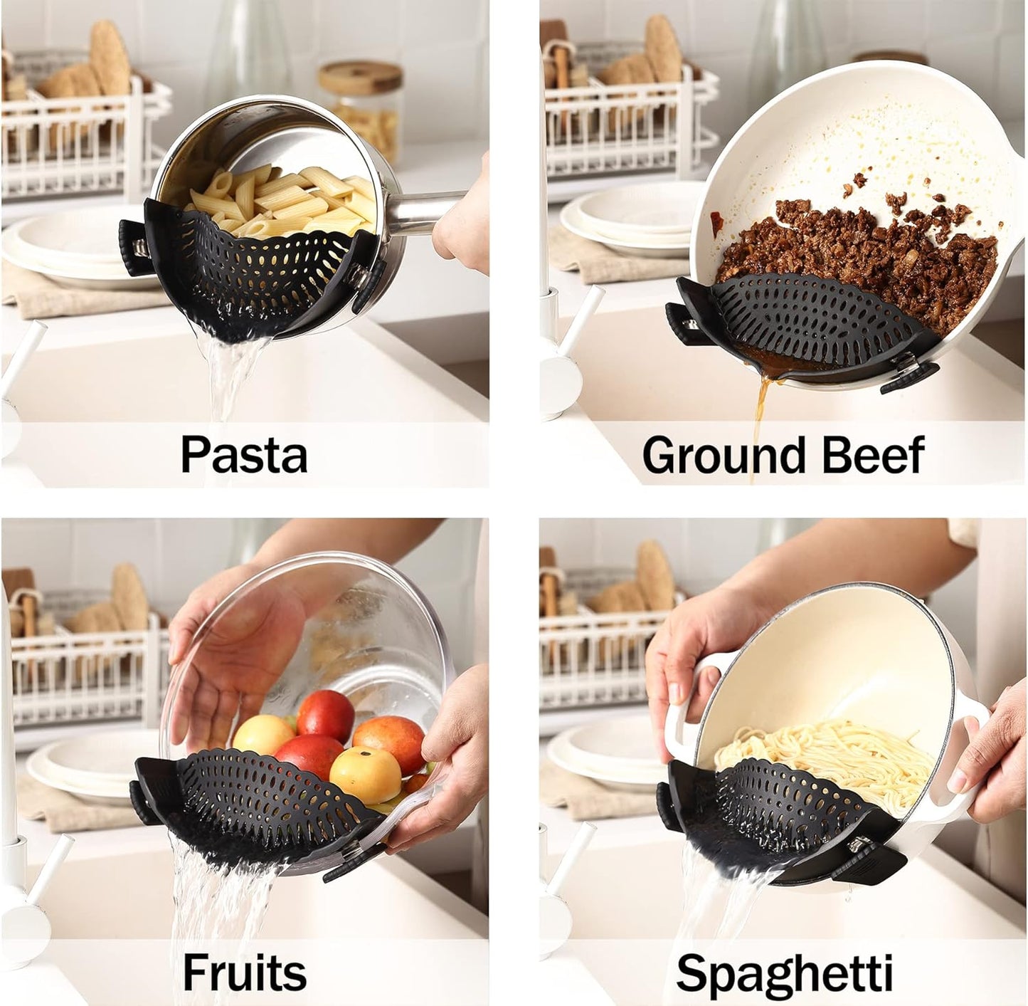 Adjustable Over the Sink Colander Strainer, Silicone Clip On Strainer for Pots Strainers and Colanders Plastic Drainer Basket for Food Pasta Vegetables Kitchen, Extendable 14.5"-19.5", Black