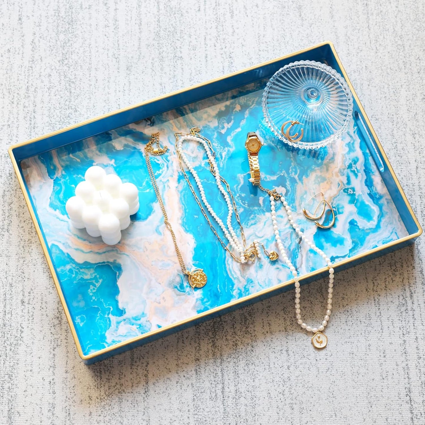 Spsyrine Serving Tray, Plastic Rectangular Coffee Table Tray with Handles, Marble Decorative Tray for Living Room, Ottoman, Bathroom Decor. 15.6” X 10.2" HSRE