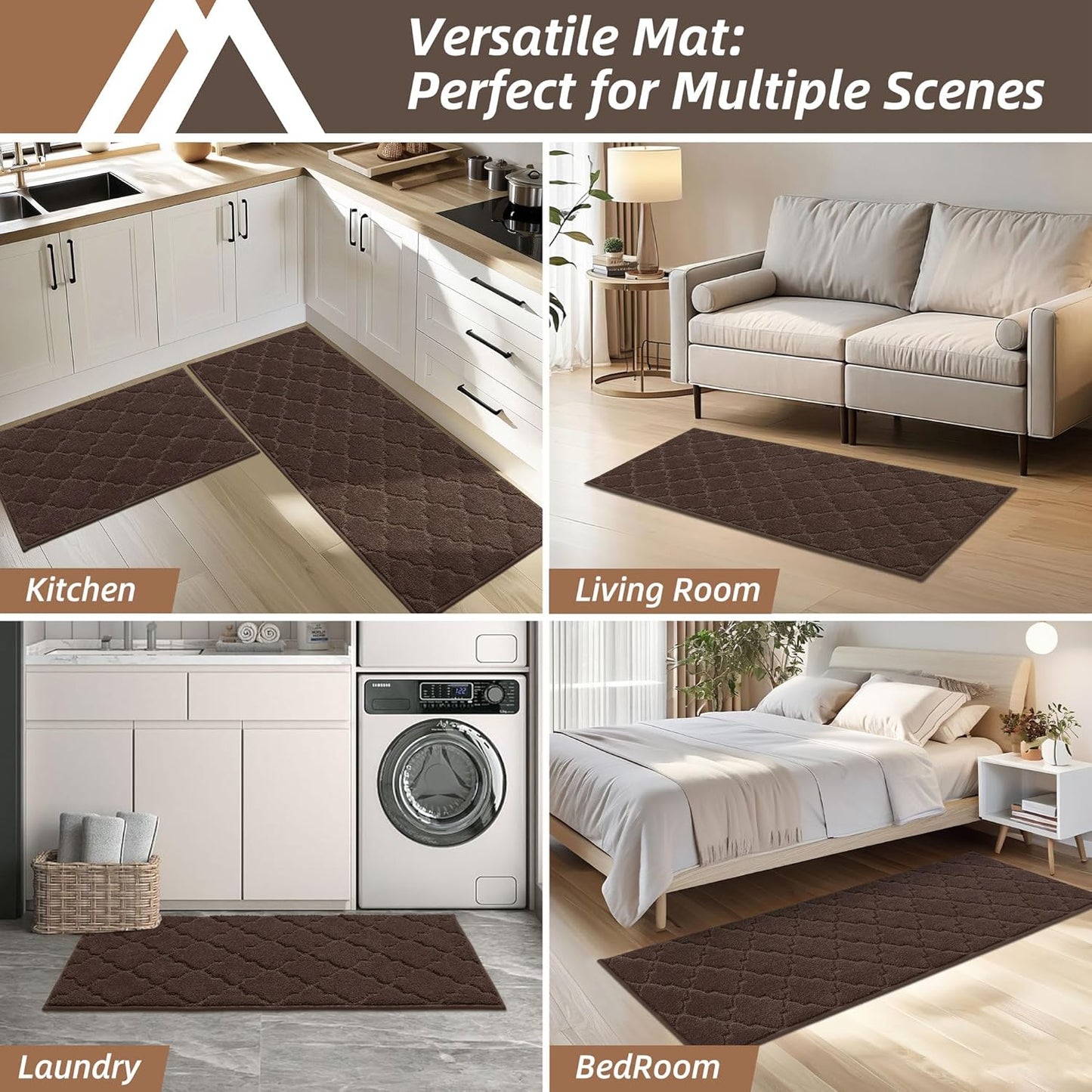 COSY HOMEER Soft Kitchen Rugs [2 PCS] for in Front of Sink Super Absorbent Kitchen Floor Mats and Mats 24x35 Inch/24X60 Non-Skid Kitchen Mat Standing Mat Washable,Polyester,Brown