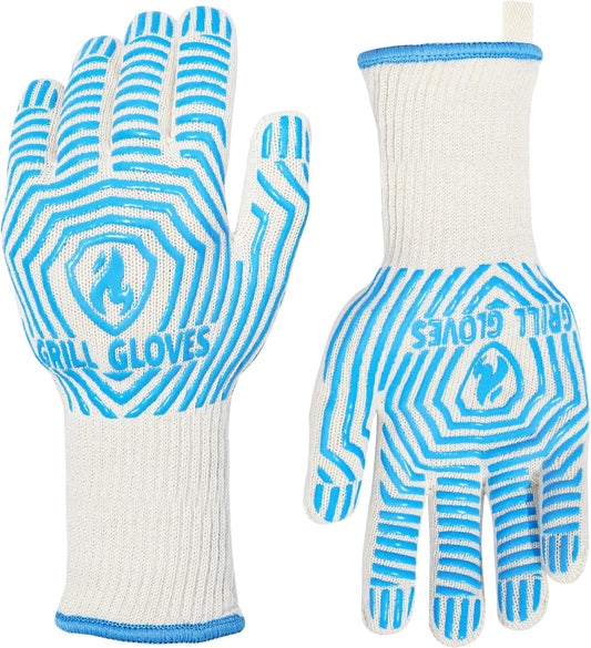QUWIN BBQ Gloves, Oven Gloves 1472℉ Extreme Heat Resistant, Grilling Gloves Silicone Non-Slip Oven Mitts, Kitchen Gloves for BBQ, Grilling, Cooking, Baking-1 Pair… (Blue, One Size(Long Cuff))