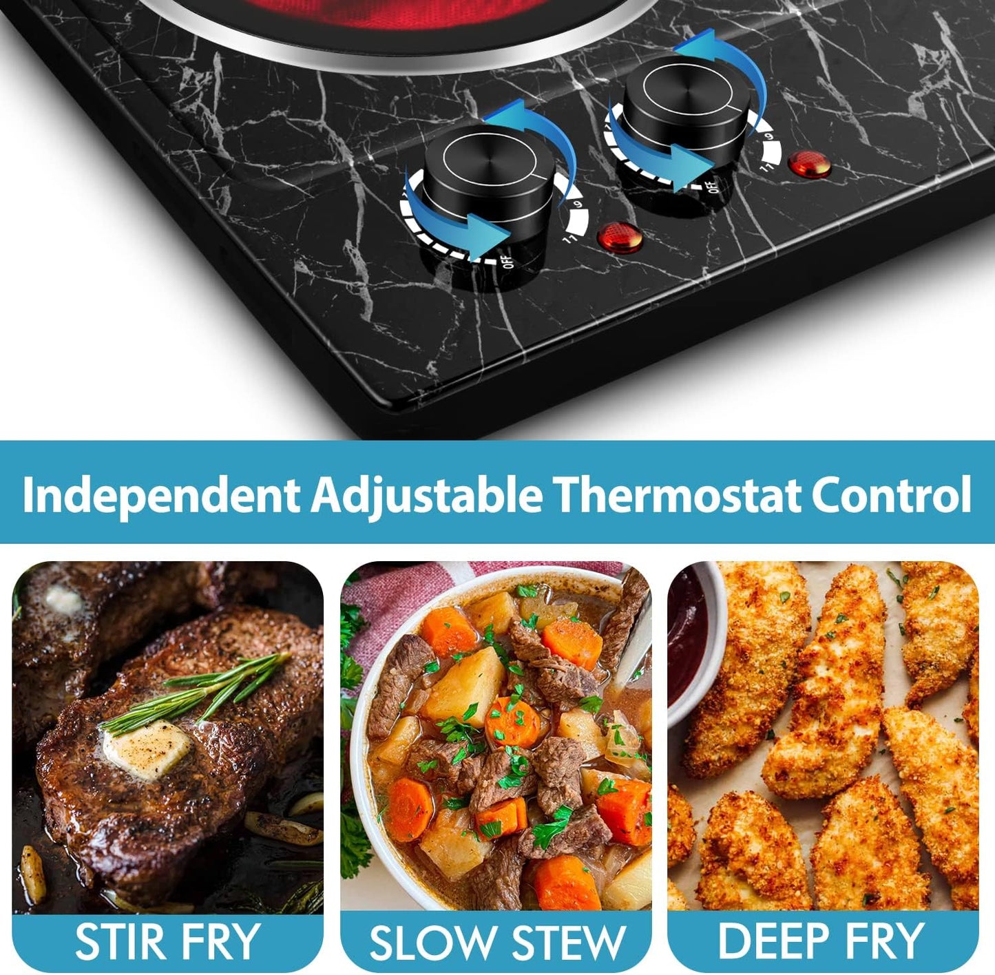 Hot Plate, CUSIMAX Double Burner Electric Hot Plate for Cooking, 1800W Dual Control Portable Stove Countertop Electric Burner Infrared Cooktop, Stainless Steel Black Marble