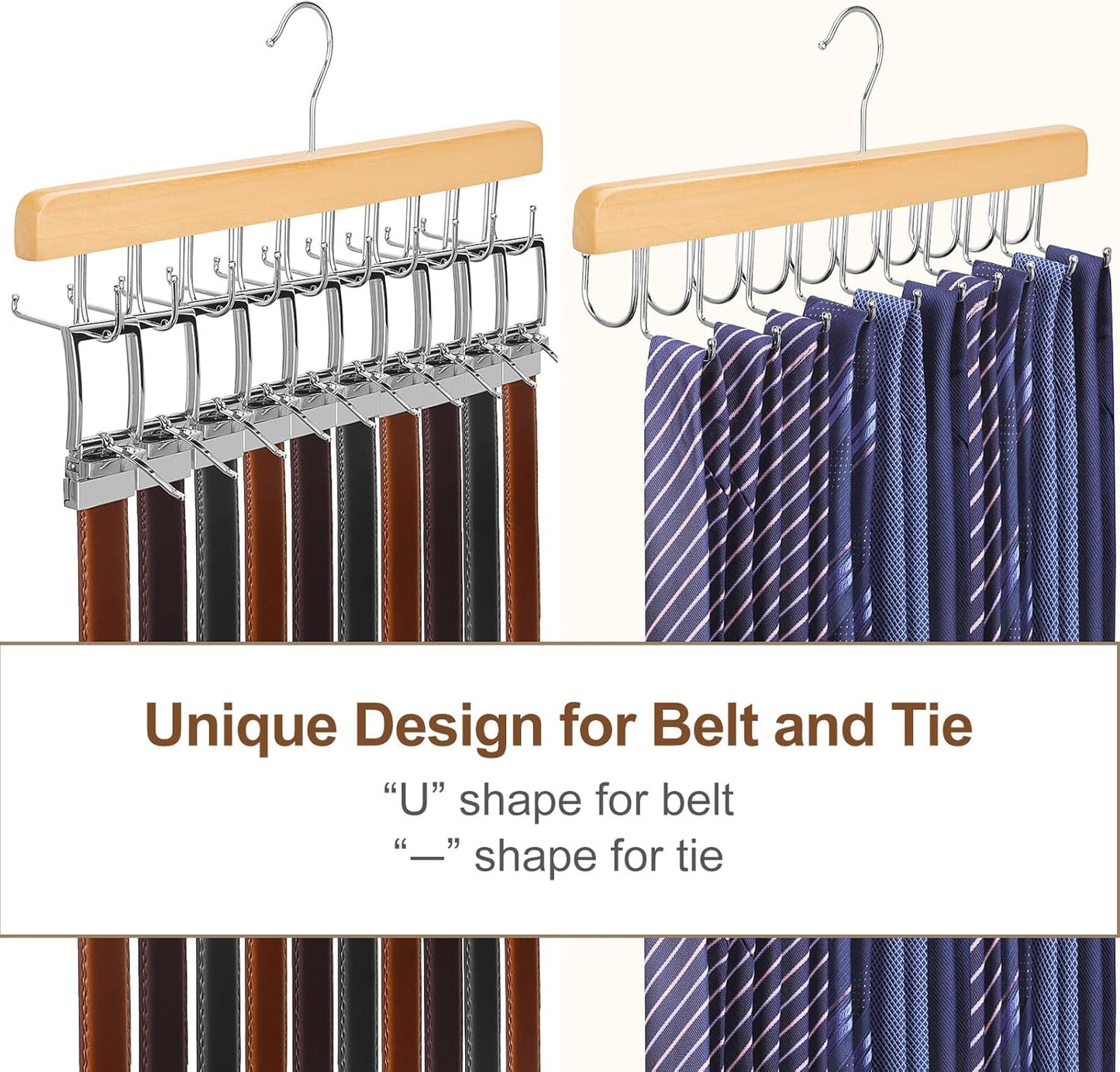 TOPIA HANGER 2 Pack 2 in 1 Belt Tie Hanger for Closet Max 60 Belts with 60 Ties Capacity, 20 Hooks Belt Tie Racks Wooden Hanger for Closet Organizer Space Saving “U” Fit Belt and “一” Fit Tie - CT59N