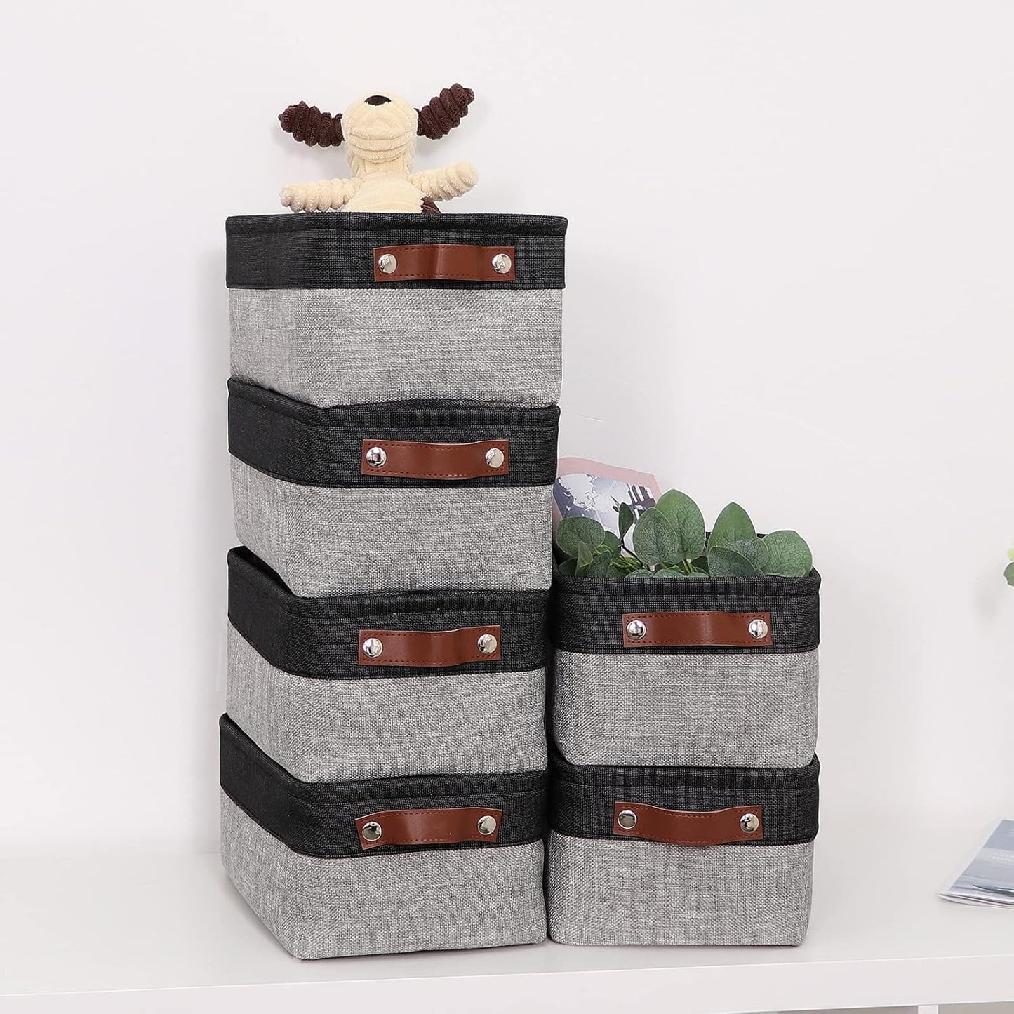 HNZIGE Small Storage Baskets Fabric Bins(6-Pack)Baskets for Shelves, Empty Gift baskets with Leather Handles,Folable Baskets for organizing Clothes, Toys, Books, Gifts(Black&Gray,11.8" x 7.8" x 5.1")