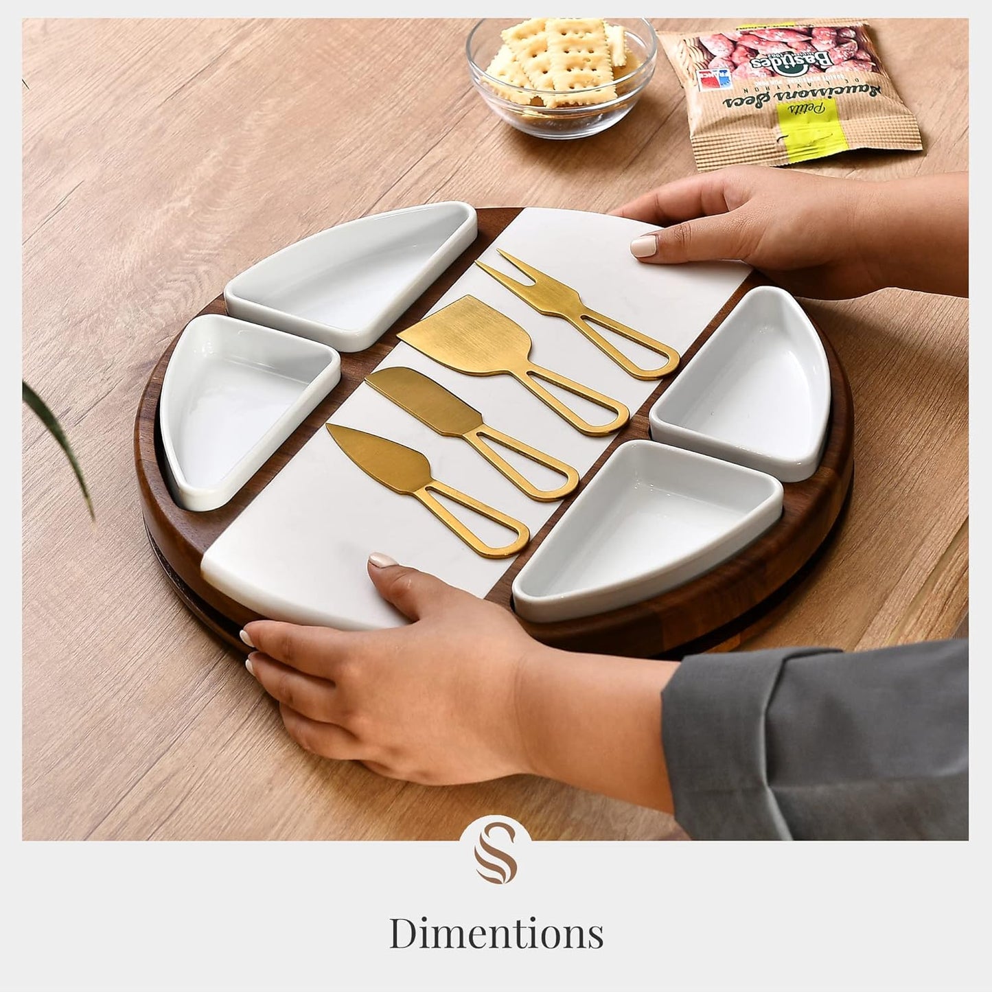 Shanik Upgraded Lazy Susan Cheese Cutting Board Set - Round Acacia Charcuterie Board With 4 Ceramic Bowls - Wedding Gifts - Cheese Serving Platter - Bridal Shower